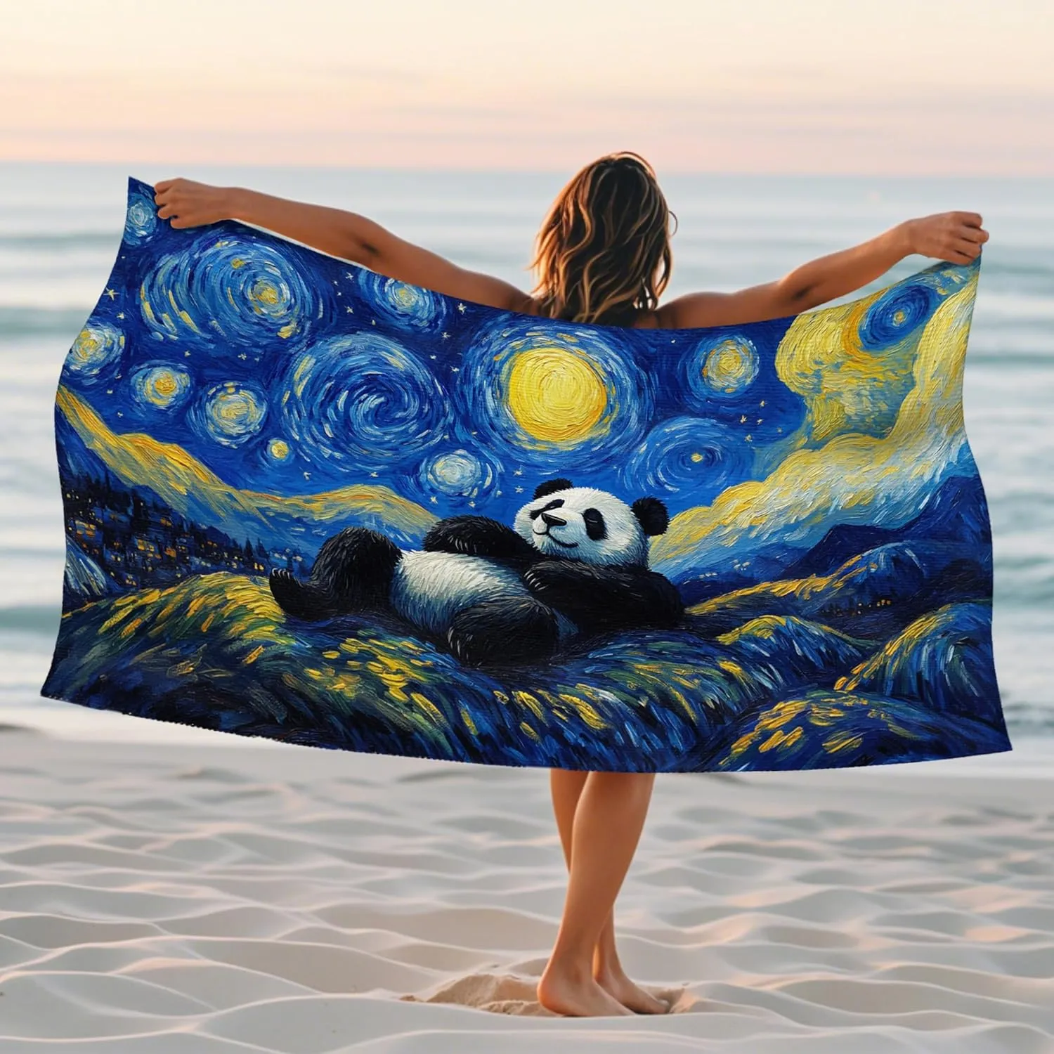 Starry Night Panda Beach Towel Microfiber Soft Absorbent Sand Free Extra Large, Quick Dry Lightweight Blanket for Outdoor Travel Camp Pool Gym Picnic Essentials 62x31 Inch