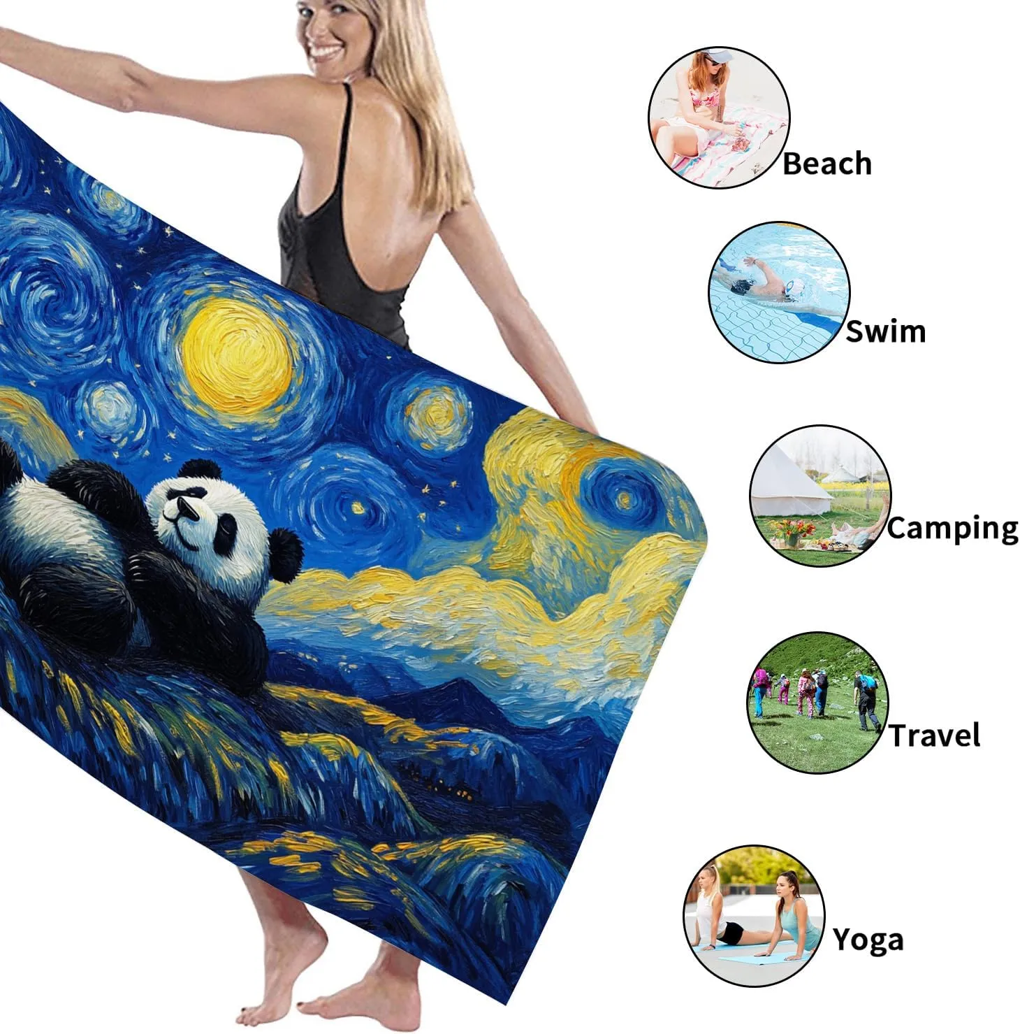 Starry Night Panda Beach Towel Microfiber Soft Absorbent Sand Free Extra Large, Quick Dry Lightweight Blanket for Outdoor Travel Camp Pool Gym Picnic Essentials 62x31 Inch