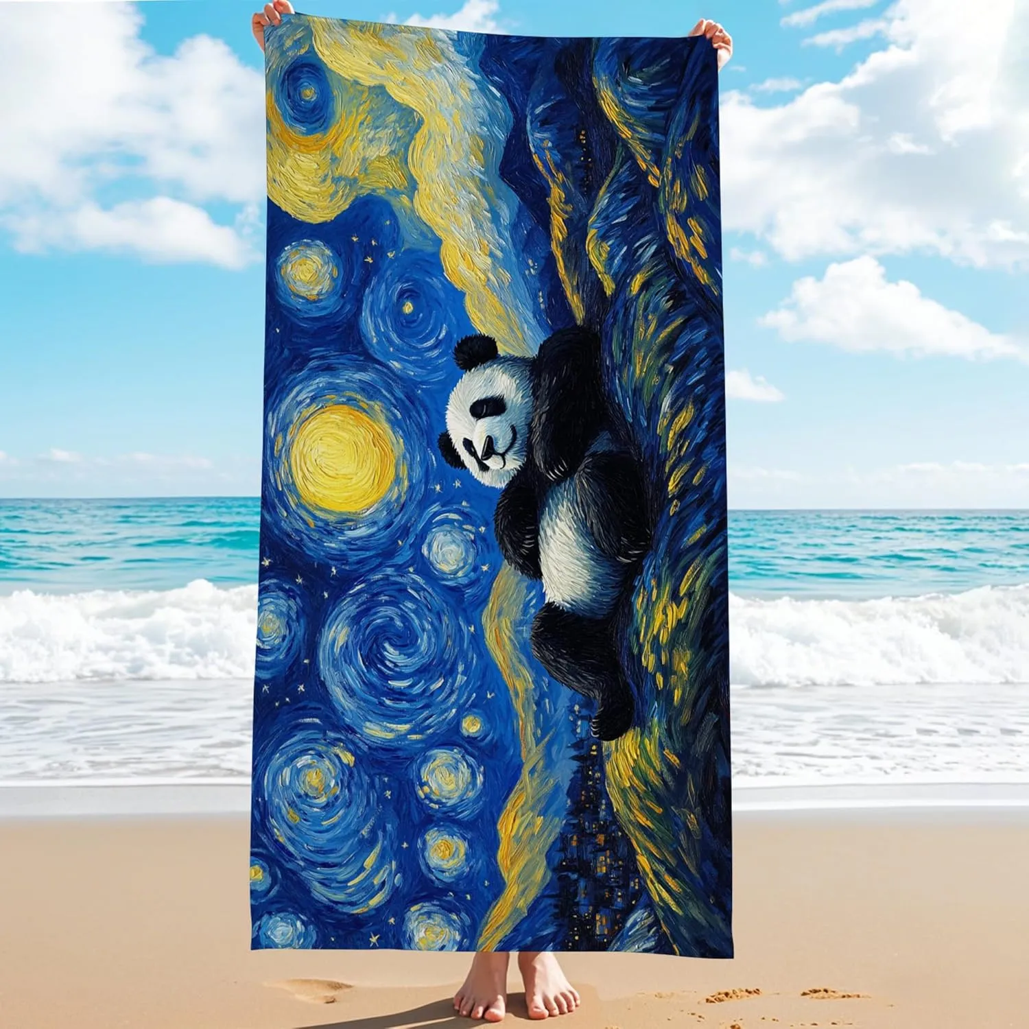Starry Night Panda Beach Towel Microfiber Soft Absorbent Sand Free Extra Large, Quick Dry Lightweight Blanket for Outdoor Travel Camp Pool Gym Picnic Essentials 62x31 Inch