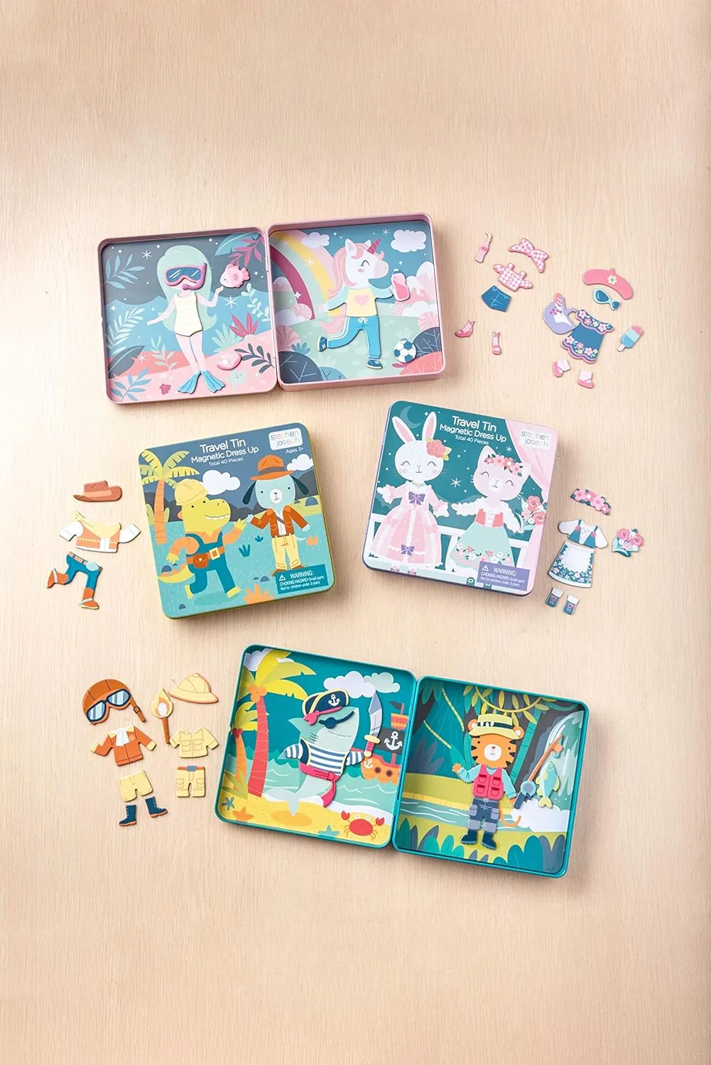 Stephen Joseph, Travel Tin Magnetic Dress Up,Bunny and Cat Small, 40 unique pieces