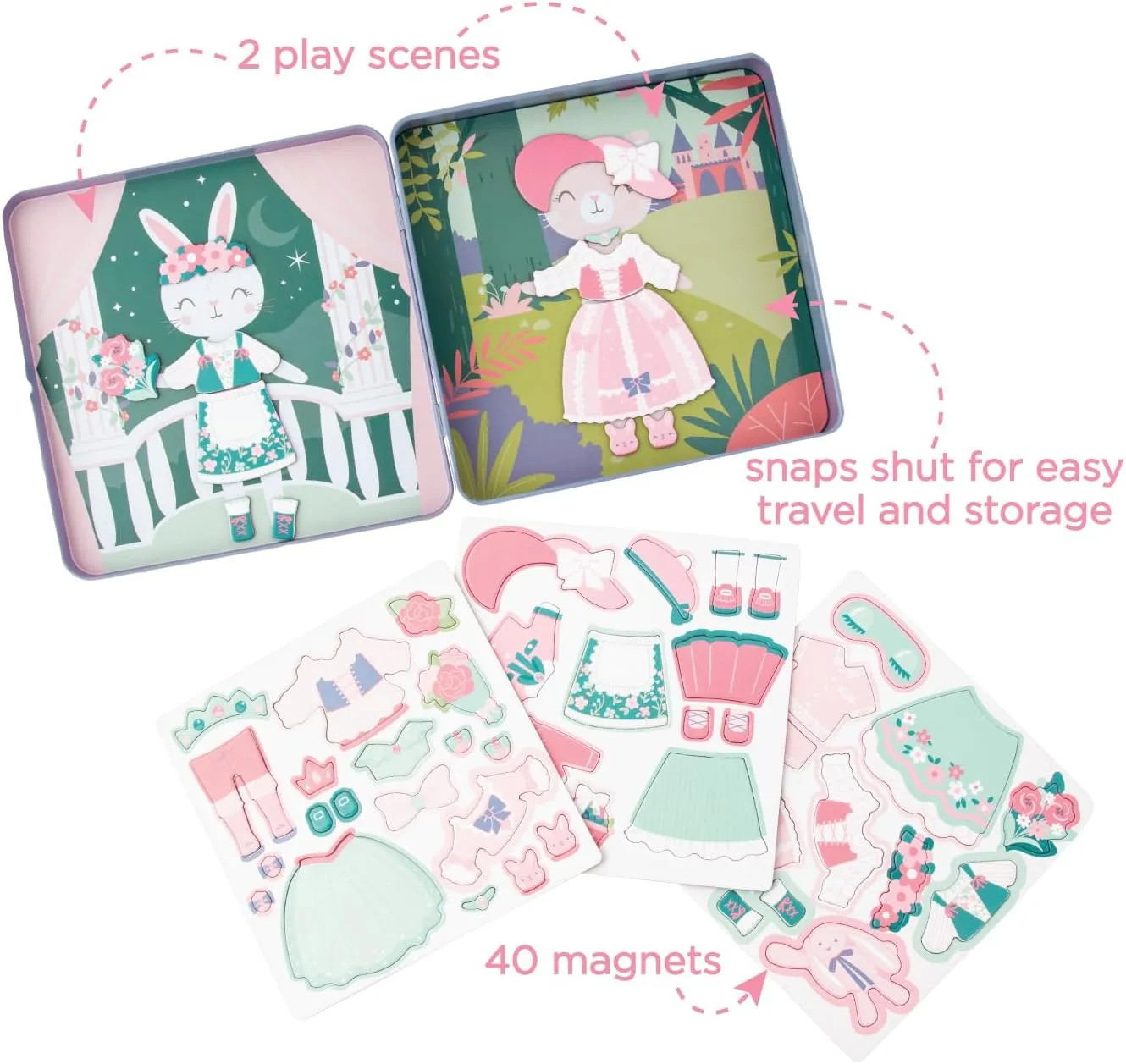 Stephen Joseph, Travel Tin Magnetic Dress Up,Bunny and Cat Small, 40 unique pieces