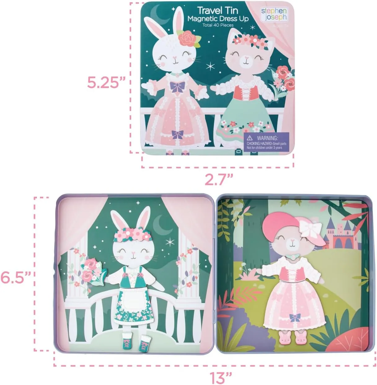Stephen Joseph, Travel Tin Magnetic Dress Up,Bunny and Cat Small, 40 unique pieces