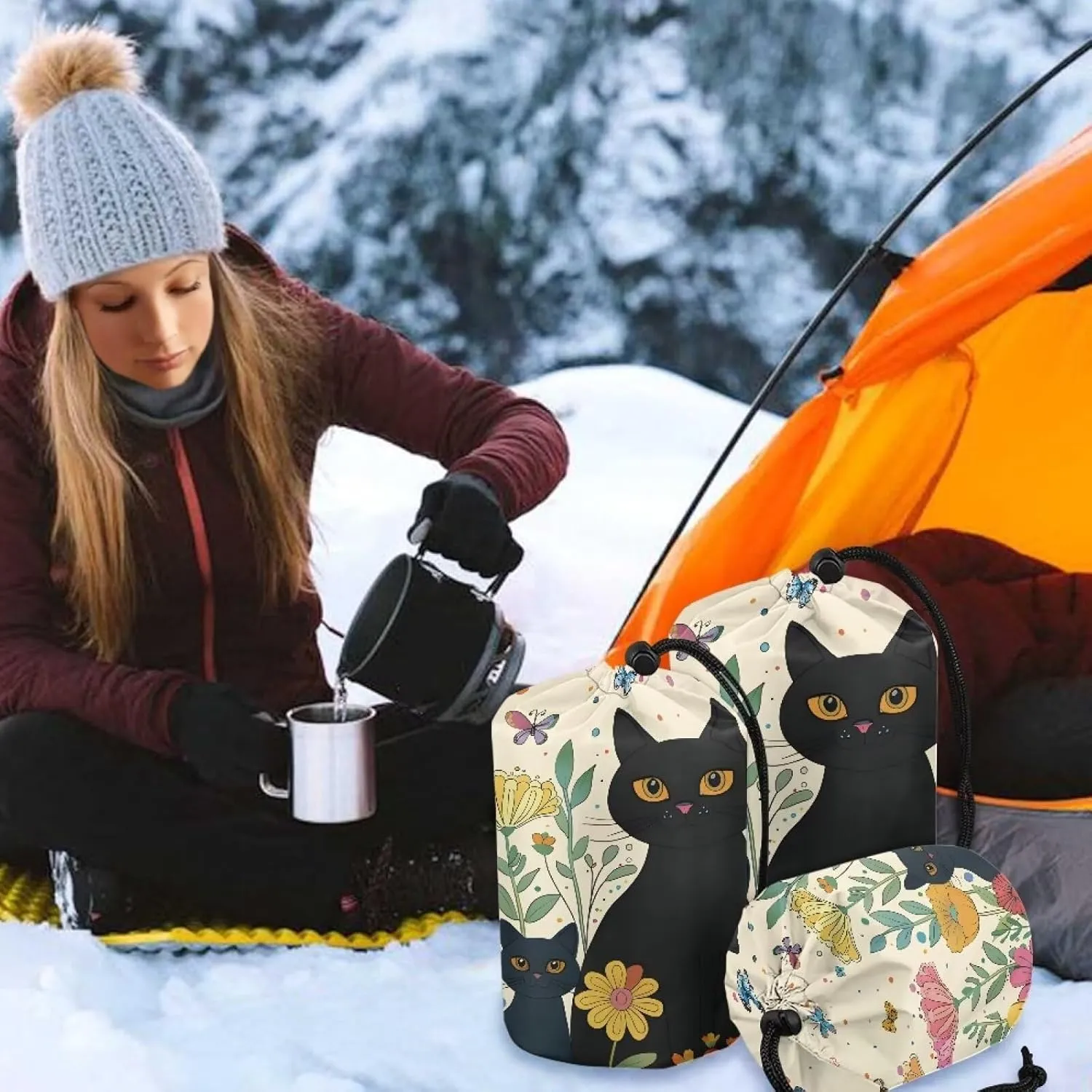 Stuff Bag Black Cat Camping Bag Lightweight Waterproof Stuff Sack Space Saving Gear for Camping Hiking Backpacking Set of 3