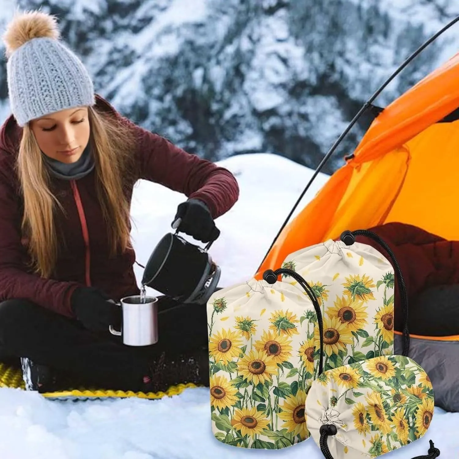 Stuff Bag Sunflower Pattern Draw String Bag Waterproof Sleeping Bag Storage Sack for Travel Camping Hiking Outdoor Set of 3
