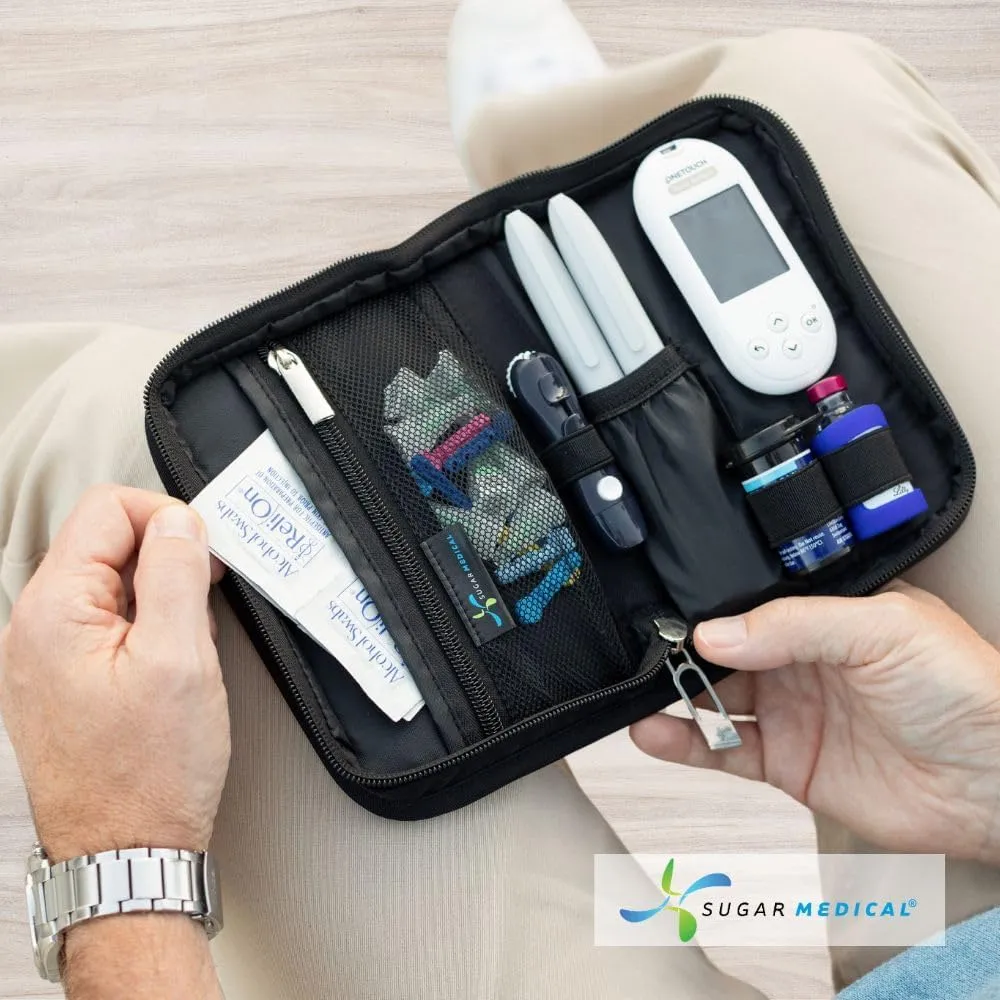 Sugar Medical Diabetes Supply Case | Medical Supplies Travel Bag | Glucose Meter Organizer | Diabetic Care Products | Glucometer Kit (Jet Black)