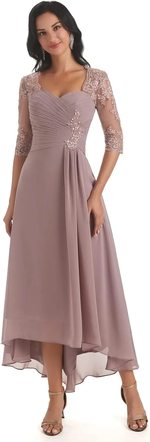 Sukleet Women's Tea Length Mother of The Bride Dresses for Wedding Short Sleeves Lace Applique Formal Evening Prom Gowns