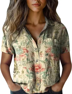 Summer Tops for Women 2025 Trendy Boho Floral Print Shirt Short Sleeve Button up Peasant Blouses Casual Loose Outfits