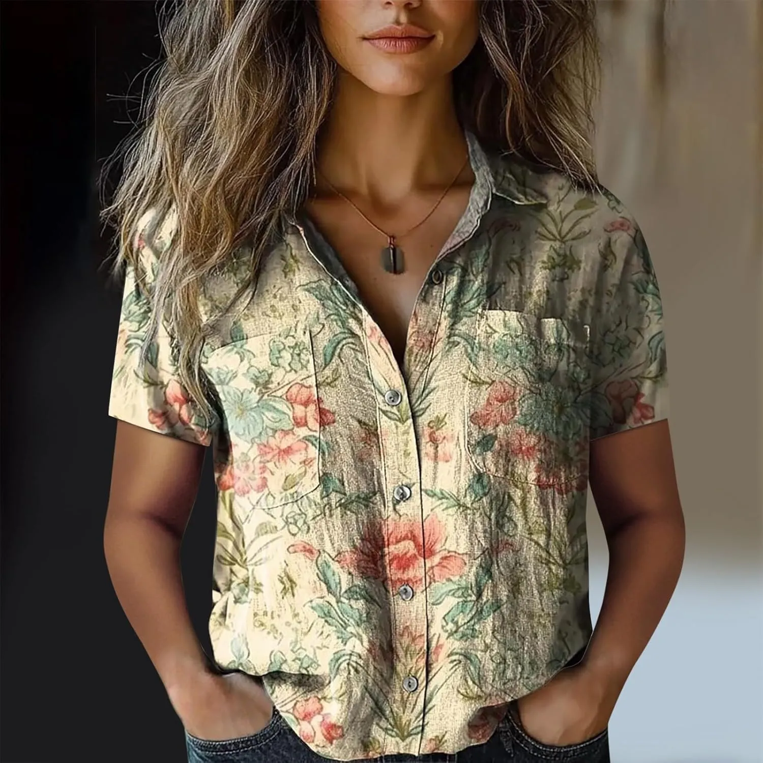 Summer Tops for Women 2025 Trendy Boho Floral Print Shirt Short Sleeve Button up Peasant Blouses Casual Loose Outfits