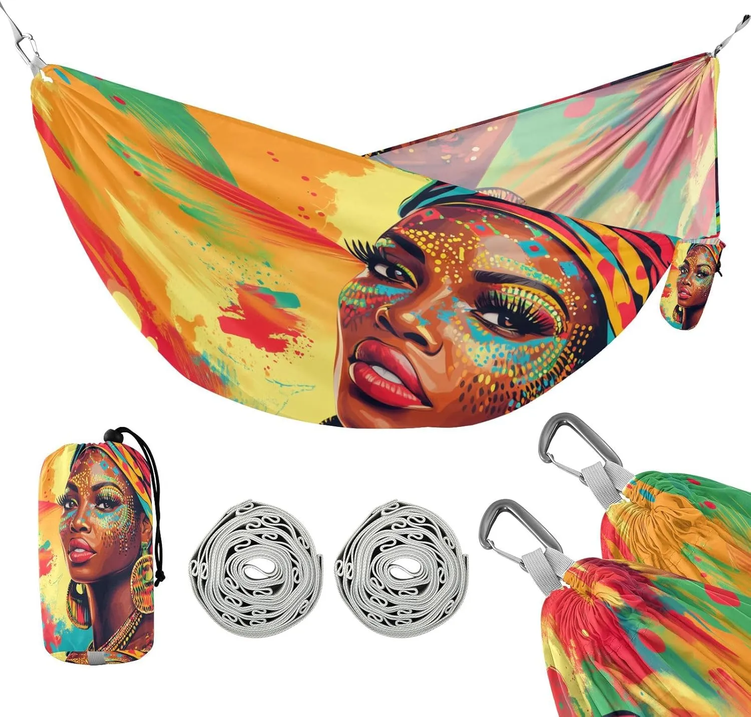 susiyo Portable Camping Hammock African Woman Printed Lightweight Hammock Comfortable Travel Swing with Tree Straps for Camping Hiking Backpacking Travel or Beach - Up to 330lbs