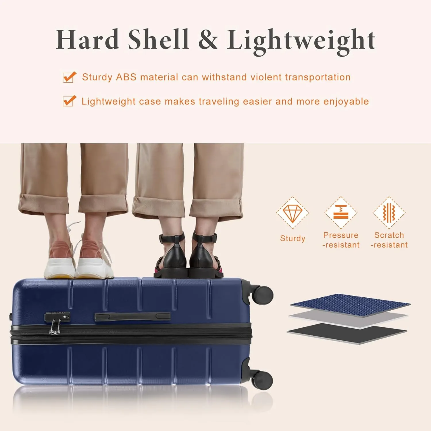 Sweetcrispy Carry on Luggage, Hard Shell ABS, Double Spinner Wheels Lightweight Suitcase TSA Lock, Navy Blue, 24 Inch