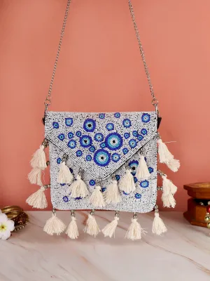 SWISNI WHITE & BLUE SHADE BEADED CLUTCH BAG