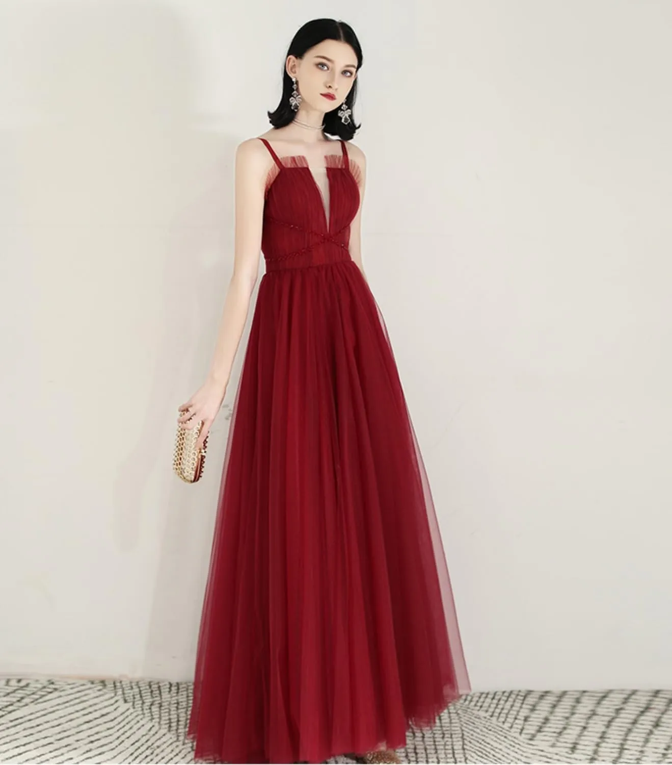 SZ102 New Pleated mesh Beaded Spaghetti Strap Dress for Special Occasions Prom Bridesmaid Dress for Women's Dress Party