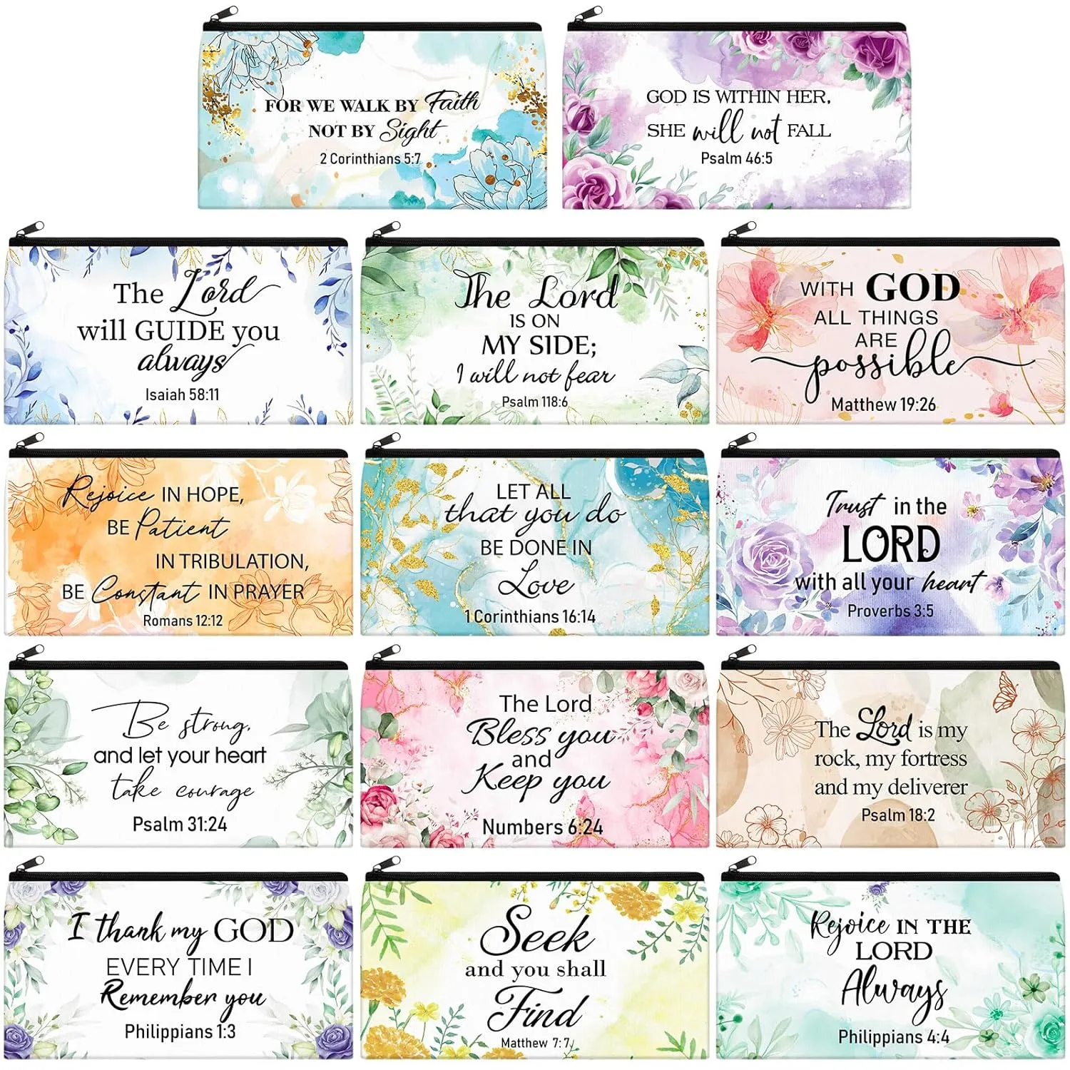 Talltalk 14 Pcs Christian Cosmetic Bags Bulk Christian Gift for Women Makeup Bags Inspirational Bible Verse Pencil Pouch for Graduation Mother's Day Travel Motivational Religious Favors(Vibrant)