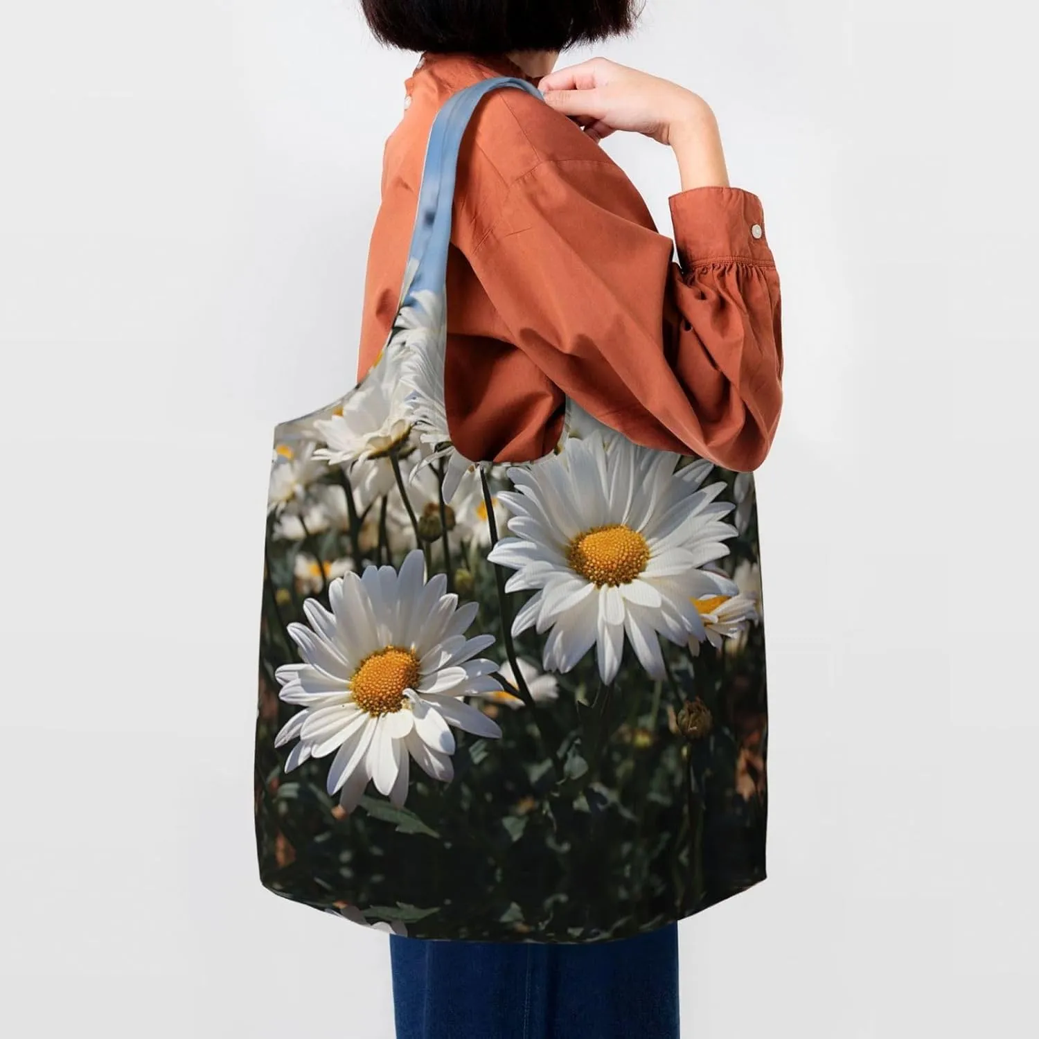 Tote Bag for Women Reusable Grocery Bag Canvas Shopping Bag Camomile pattern Handbag Foldable Shoulder Bag