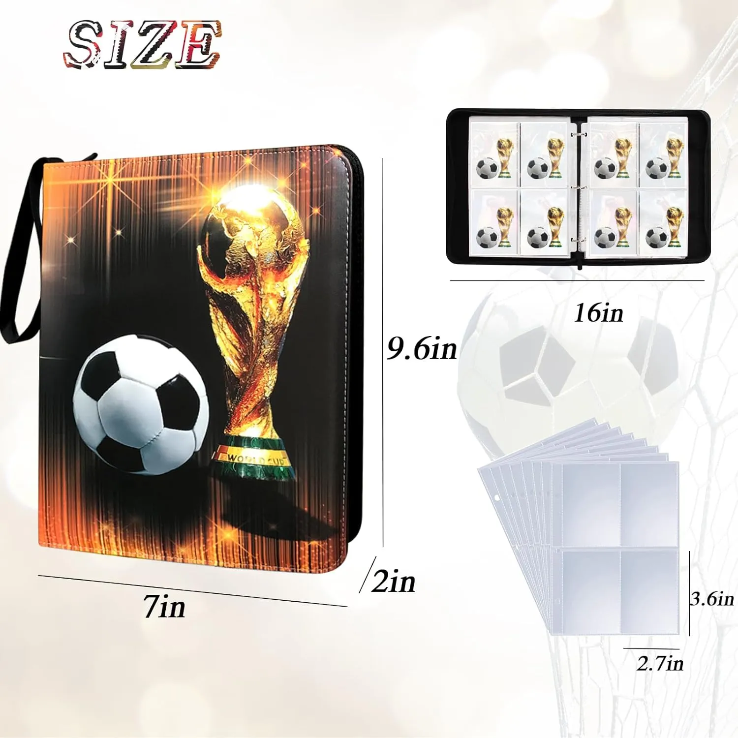 Trading Card Binder 400 Pockets, Soccer Card Binder Holder with 50 Removable Sleeves Fits 400 Sport Cards, Soccer Card Gifts Collector Album with Zipper Storage Display Case