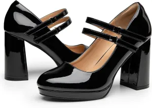 Trary Platform Mary Jane Shoes Womens Heels, Chunky Heels Mary Janes Dress Shoes for Women Close Round Toe Pumps Shoes with Buckle Strap for Office Party Casual Wedding