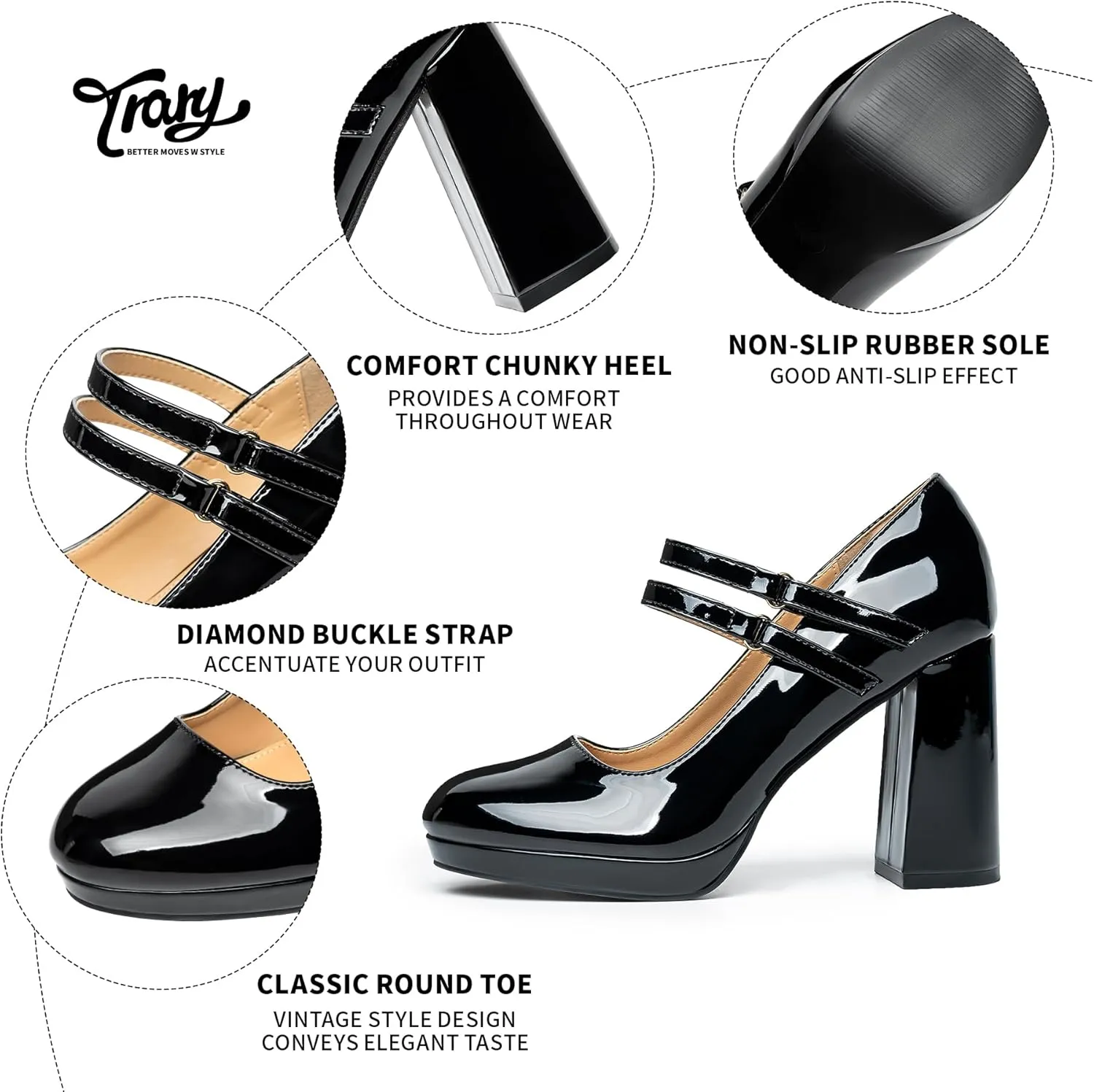 Trary Platform Mary Jane Shoes Womens Heels, Chunky Heels Mary Janes Dress Shoes for Women Close Round Toe Pumps Shoes with Buckle Strap for Office Party Casual Wedding