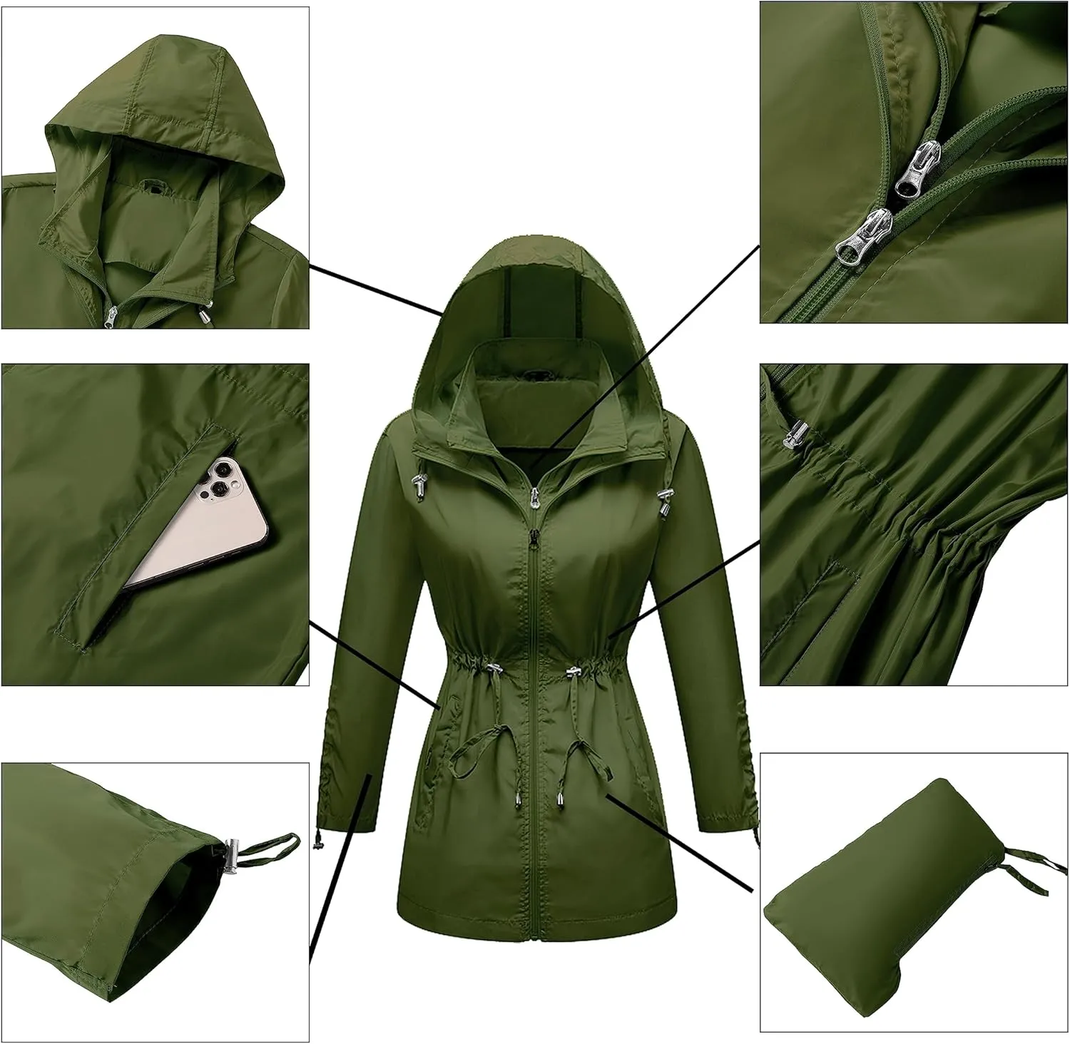 TRATENBY Rain-Jacket Women-Waterproof Lightweight-Packable Hood-Raincoat — Travel Windbreaker Coat in A Pouch Polka Dot