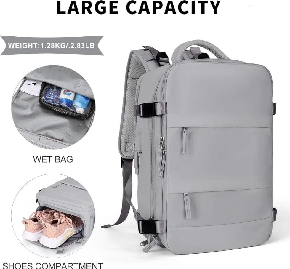 Travel Backpack, Durable, Lightweight, Multiple Compartments (Grey), Large