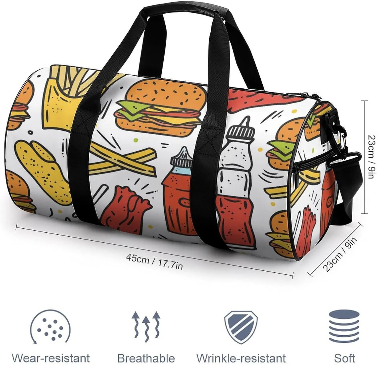Travel Duffel Bag for Men And Women,Doodle Fast Food Waterproof Sports Fitness Bag Portable Travel Duffel Bag, 17.7in/9in/9in