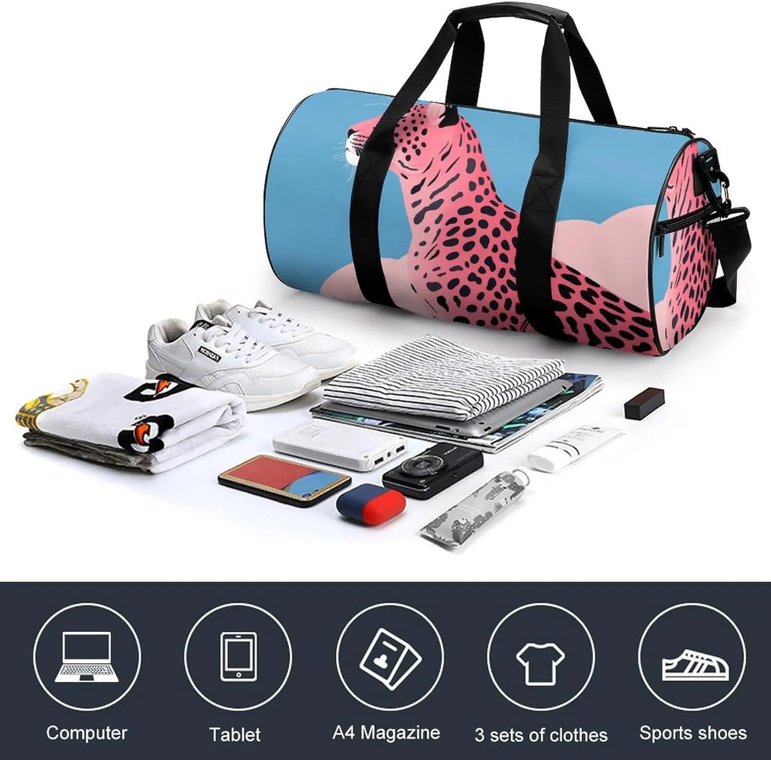 Travel Duffel Bag for Men And Women,Peach Style Cheetah Waterproof Sports Fitness Bag Portable Travel Duffel Bag, 17.7in/9in/9in