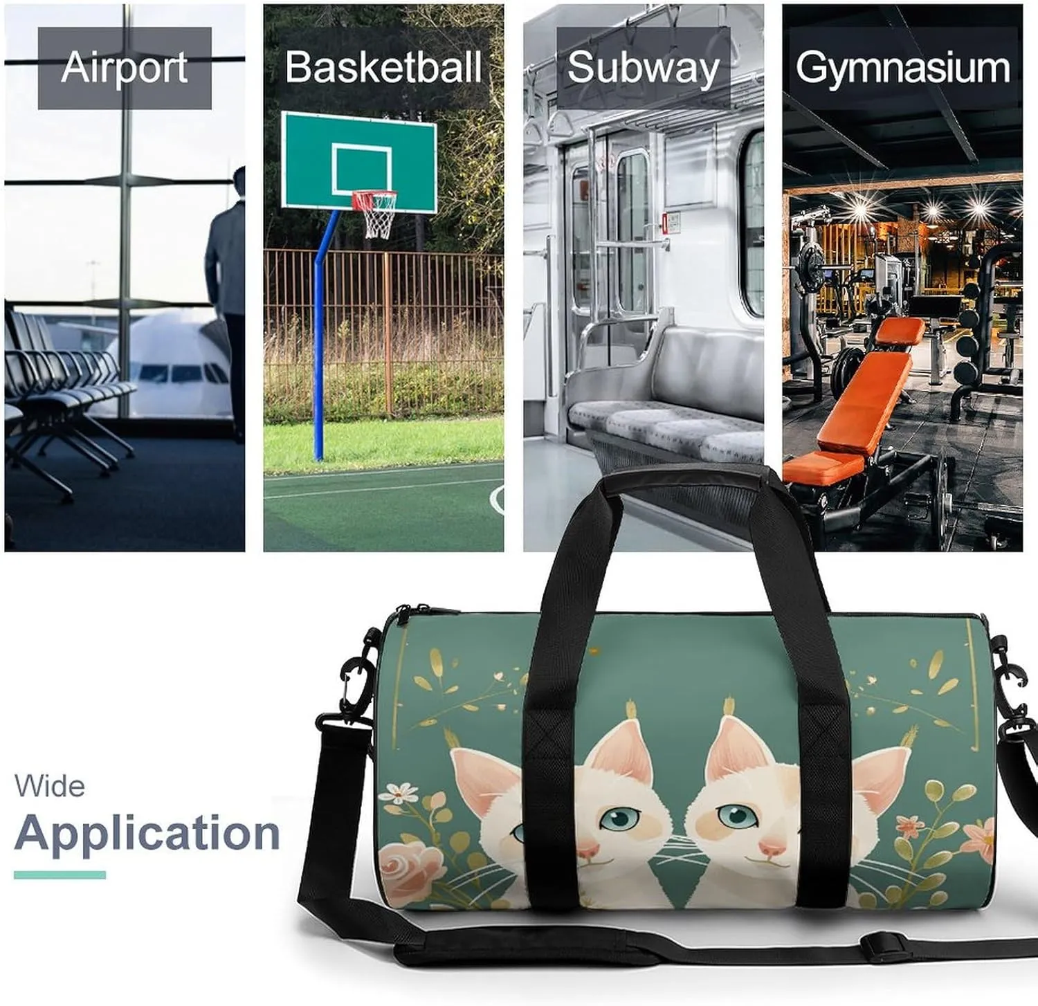 Travel Duffel Bag for Men And Women,Two Cats And Flowers Waterproof Sports Fitness Bag Portable Travel Duffel Bag