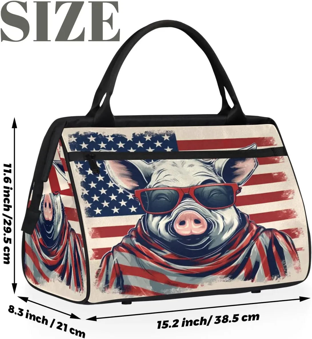 Travel Duffel Bag for Women, American Flag Pig Weekender Overnight Bag Carry on Beach Swim Bags Dance Bag Airlines Approved Personal Item Travel Bag for Yoga, Sports, Hospital