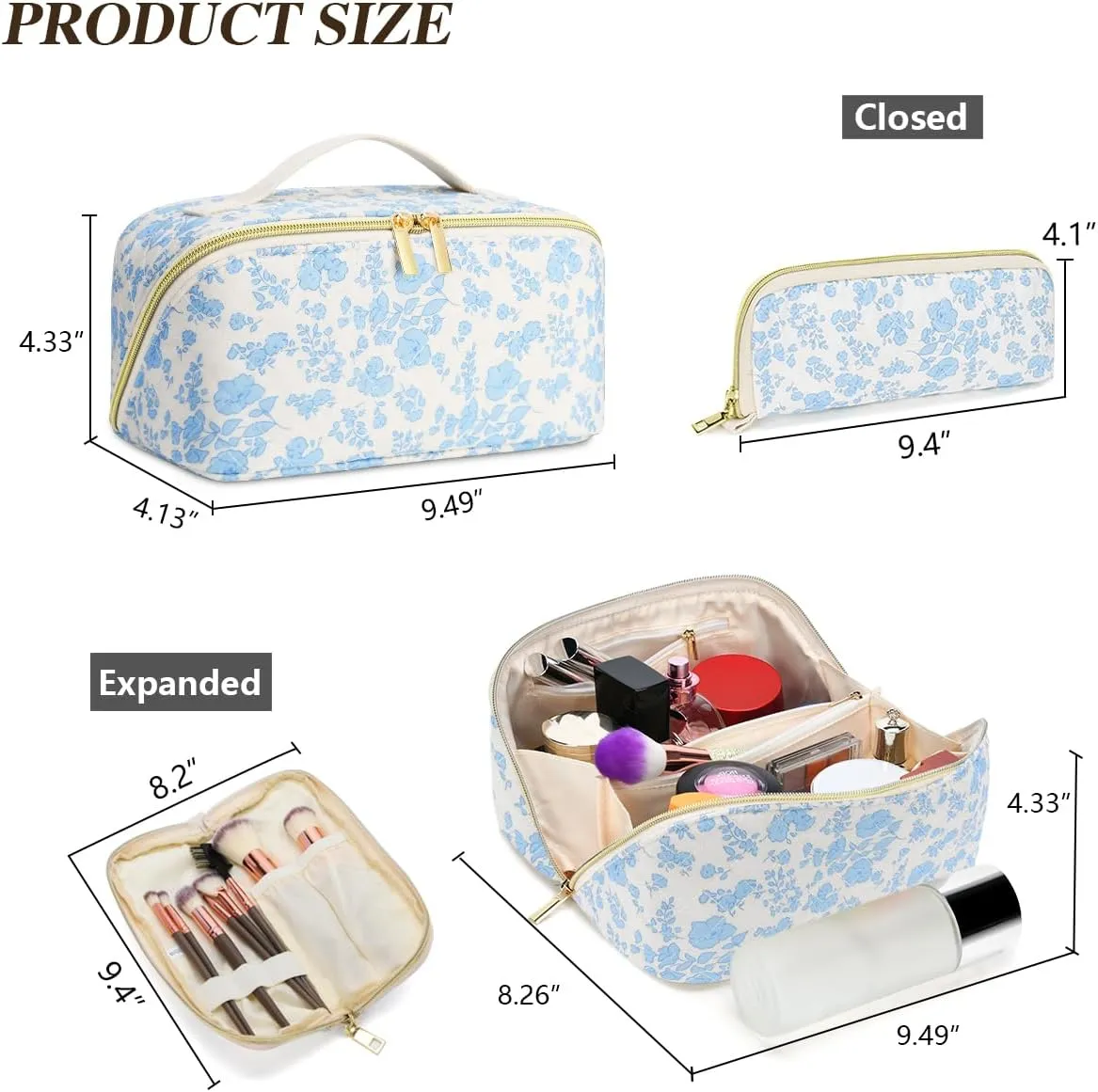 Travel Makeup Bag Set, 2Pcs Large Capacity Flower Make up Bag Quilted Cosmetic Bag for Girls, Little Flower Cute Travel Toiletry Bag for Women Wide Open Floral Cotton Stuff Bag Skin Care Bag
