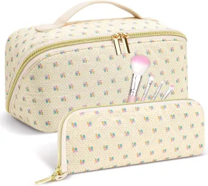 Travel Makeup Bag Set, 2Pcs Large Capacity Flower Make up Bag Quilted Cosmetic Bag for Girls, Little Flower Cute Travel Toiletry Bag for Women Wide Open Floral Cotton Stuff Bag Skin Care Bag