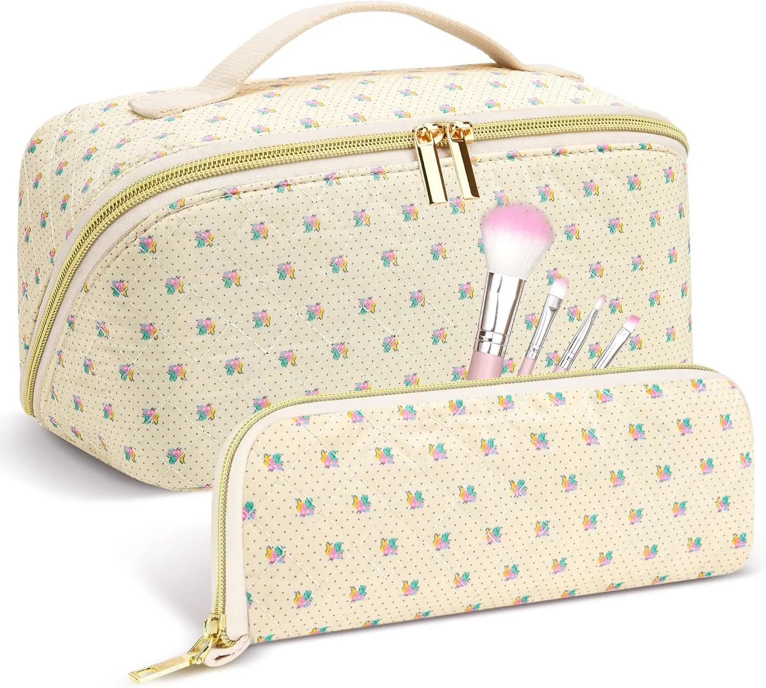 Travel Makeup Bag Set, 2Pcs Large Capacity Flower Make up Bag Quilted Cosmetic Bag for Girls, Little Flower Cute Travel Toiletry Bag for Women Wide Open Floral Cotton Stuff Bag Skin Care Bag