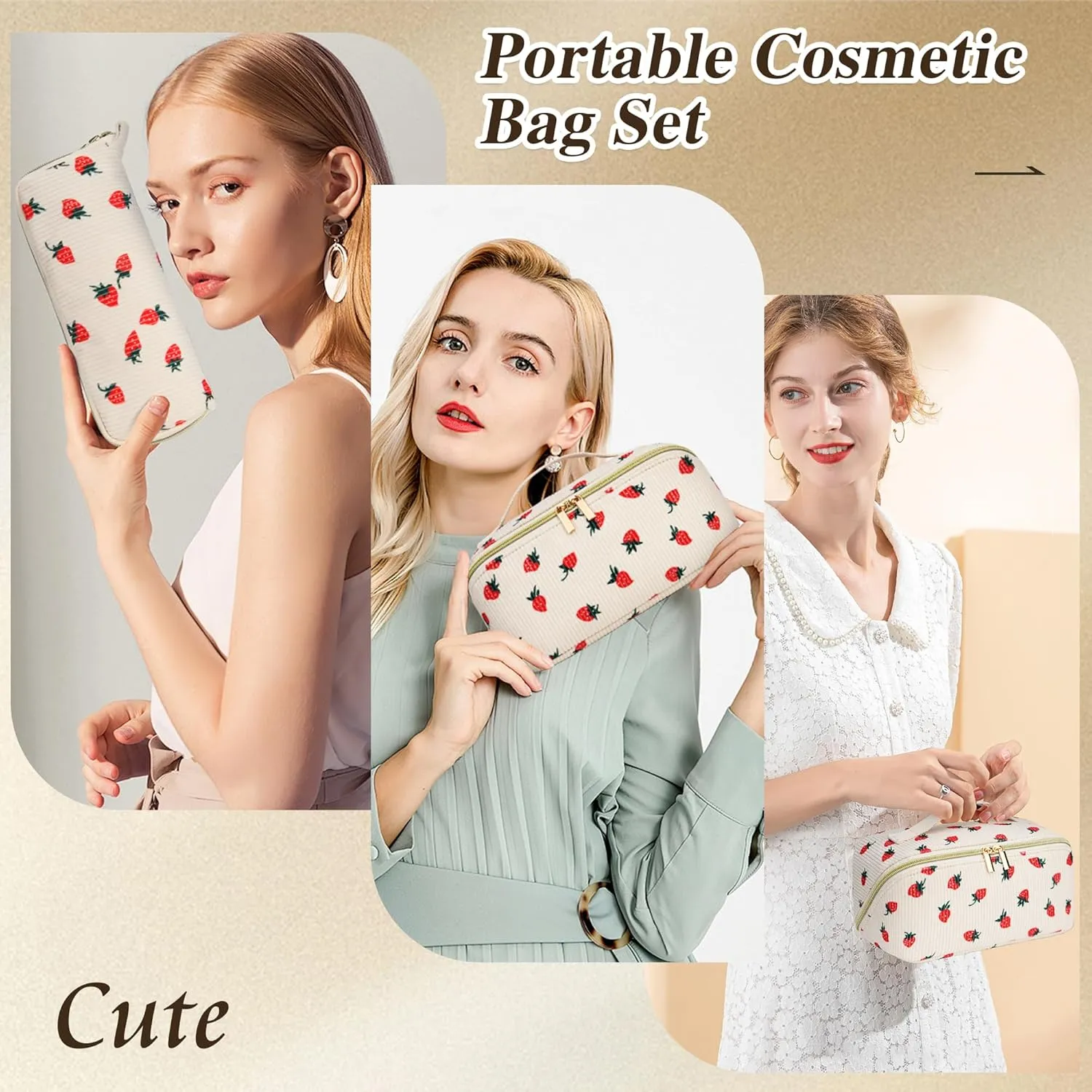 Travel Makeup Bag Set, 2Pcs Large Capacity Flower Make up Bag Quilted Cosmetic Bag for Girls, Little Flower Cute Travel Toiletry Bag for Women Wide Open Floral Cotton Stuff Bag Skin Care Bag