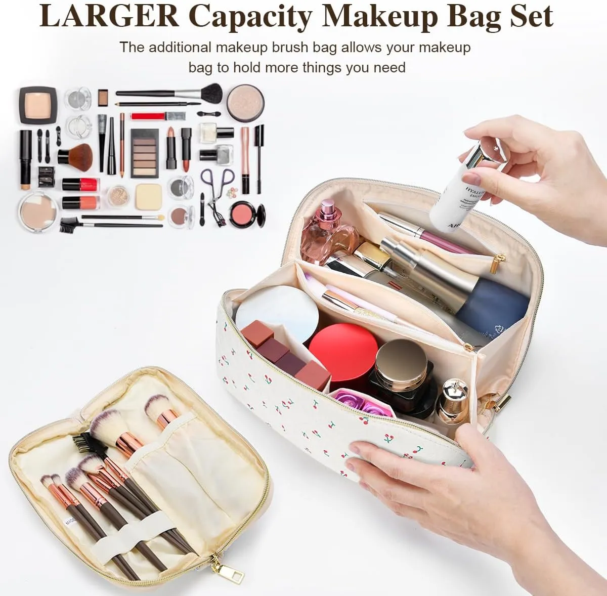 Travel Makeup Bag Set, 2Pcs Large Capacity Flower Make up Bag Quilted Cosmetic Bag for Girls, Little Flower Cute Travel Toiletry Bag for Women Wide Open Floral Cotton Stuff Bag Skin Care Bag