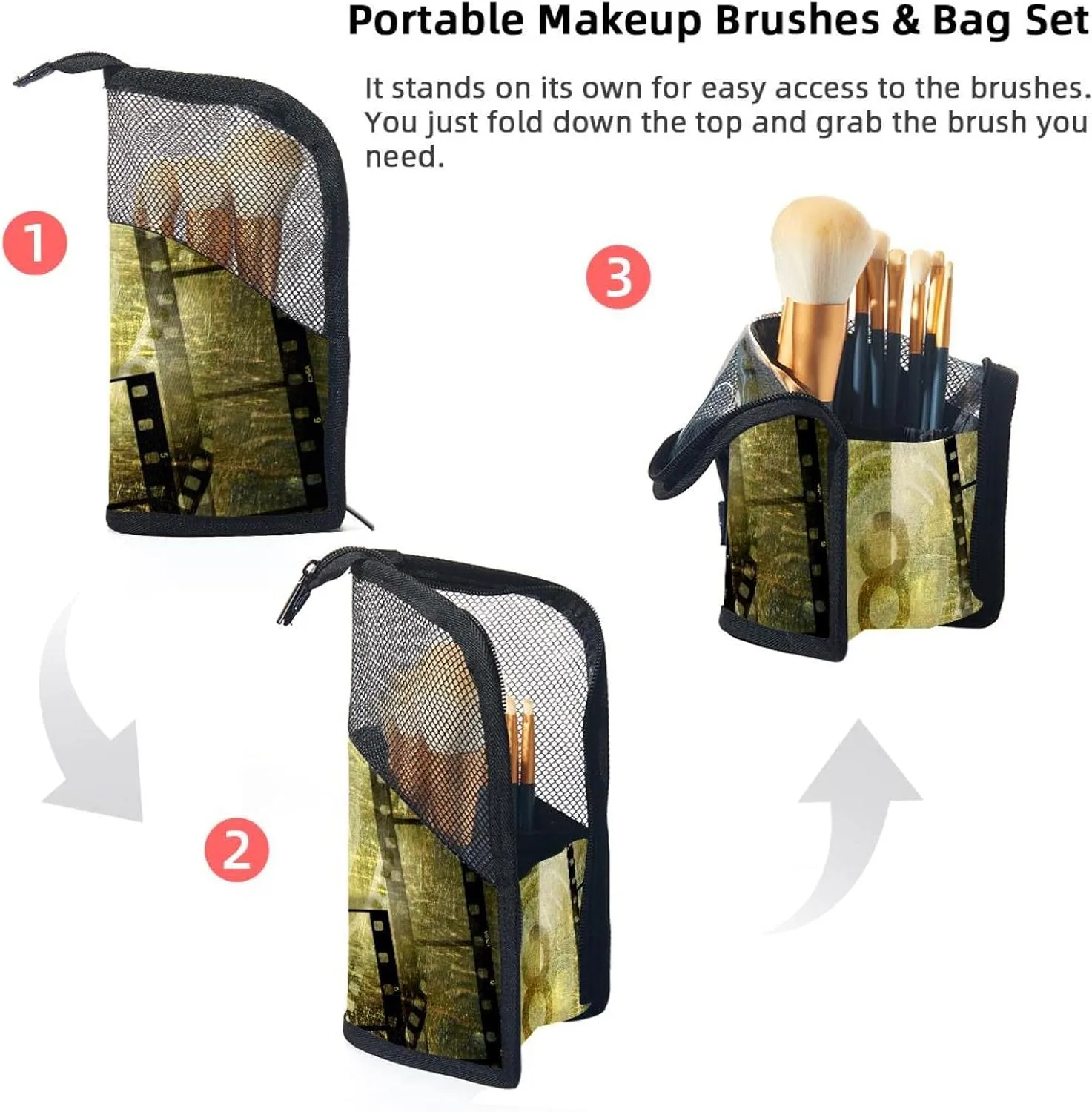 Travel Makeup Brush Holder, Large Stand-Up Makeup Brush Case, Professional Brush Organizer Foldable Makeup Artist Brush Storage Bag - Retro Movie Print