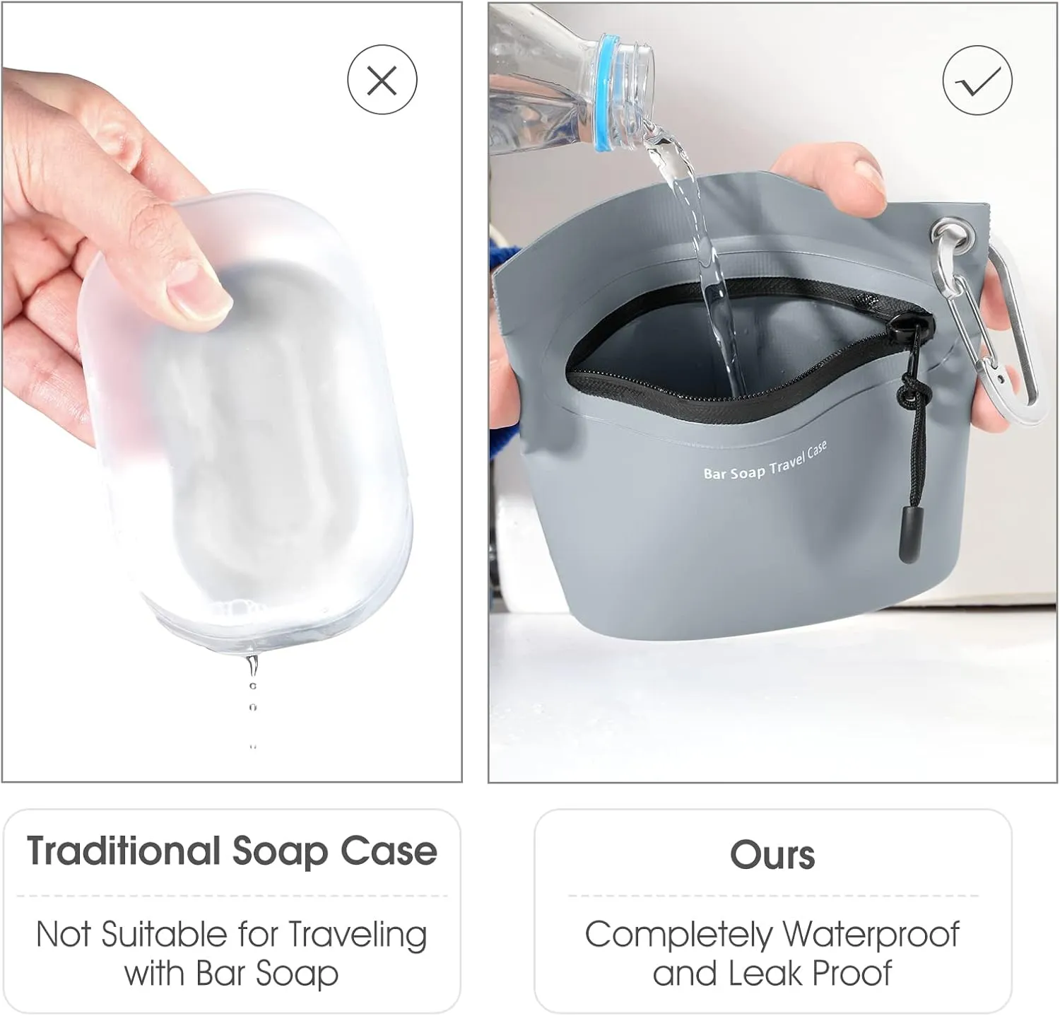 Travel Soap Container Bag with Waterproof Zipper and Carabiner Clip Waterproof and Leak Proof Soap Bar Travel Case Camping and Outdoor Sports Accessories (Gray)