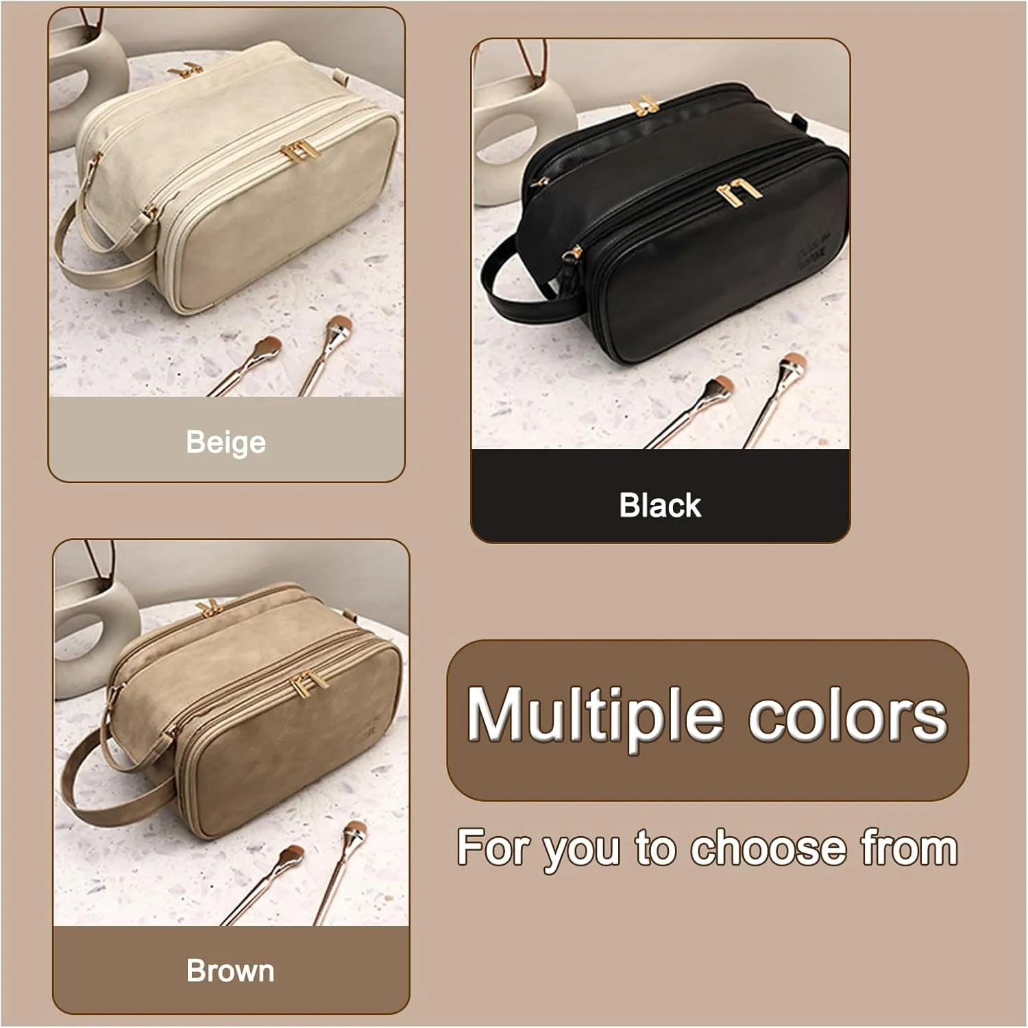 Travel Toiletry Bag for Women Men, Large Travel Toiletry Organizer Makeup Bag, Hanging Cosmetic Bag dopp kit Leather skin care Waterproof Shaving Bag for Toiletries Accessories (brown)