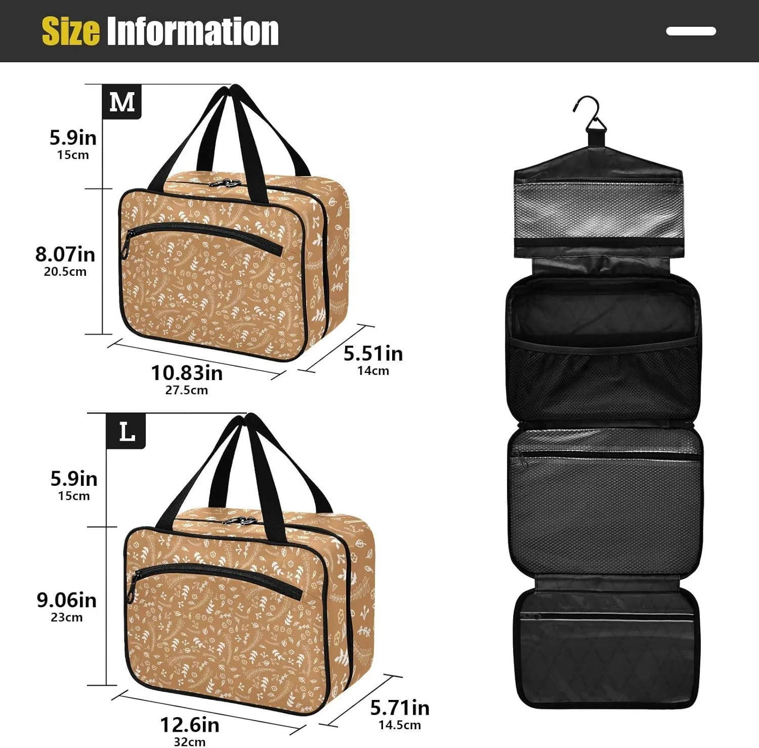 Travel Toiletry Bag Hanging Cosmetic Bag Compact Toiletry Bag with Large Capacity for Women Medium Brown Plants