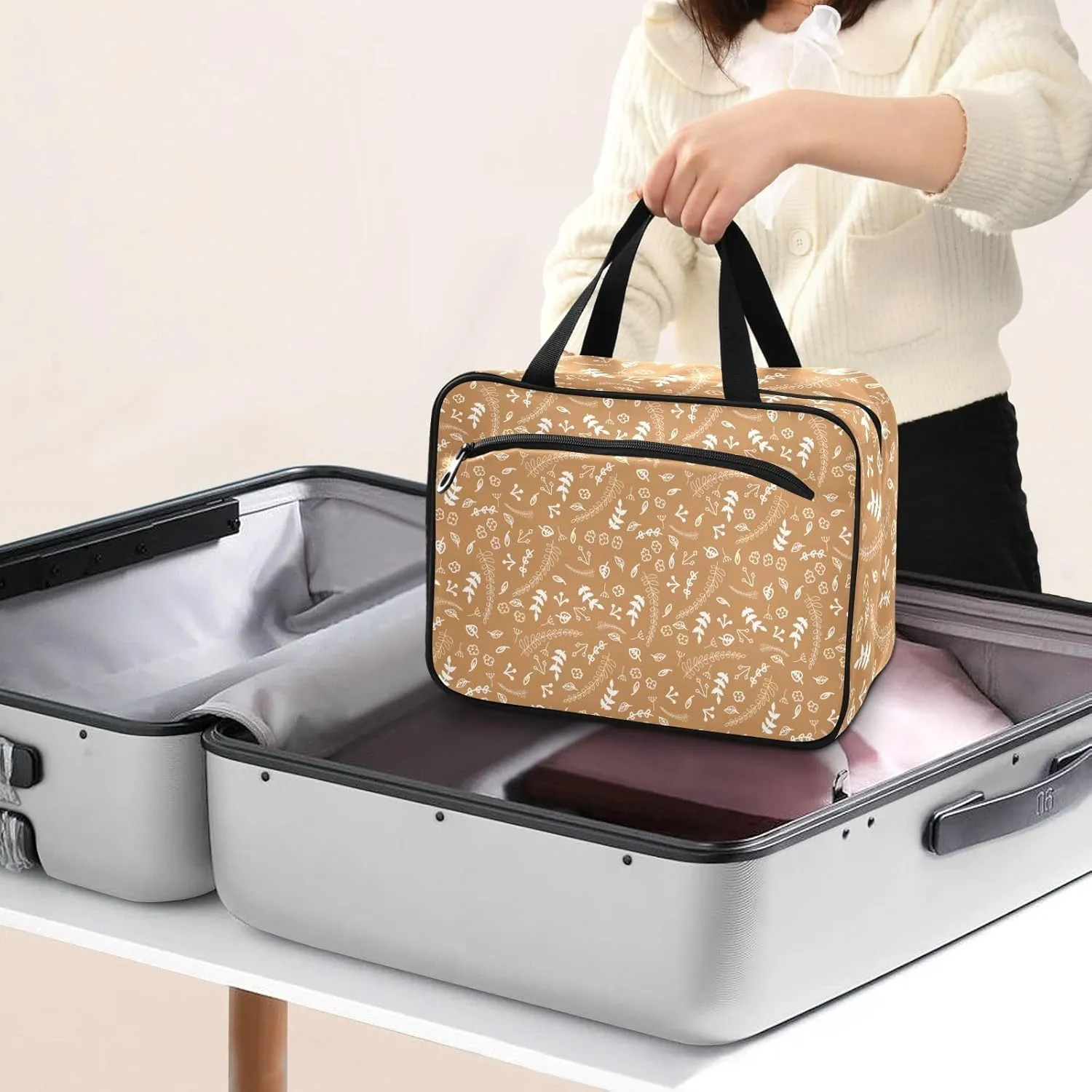 Travel Toiletry Bag Hanging Cosmetic Bag Compact Toiletry Bag with Large Capacity for Women Medium Brown Plants