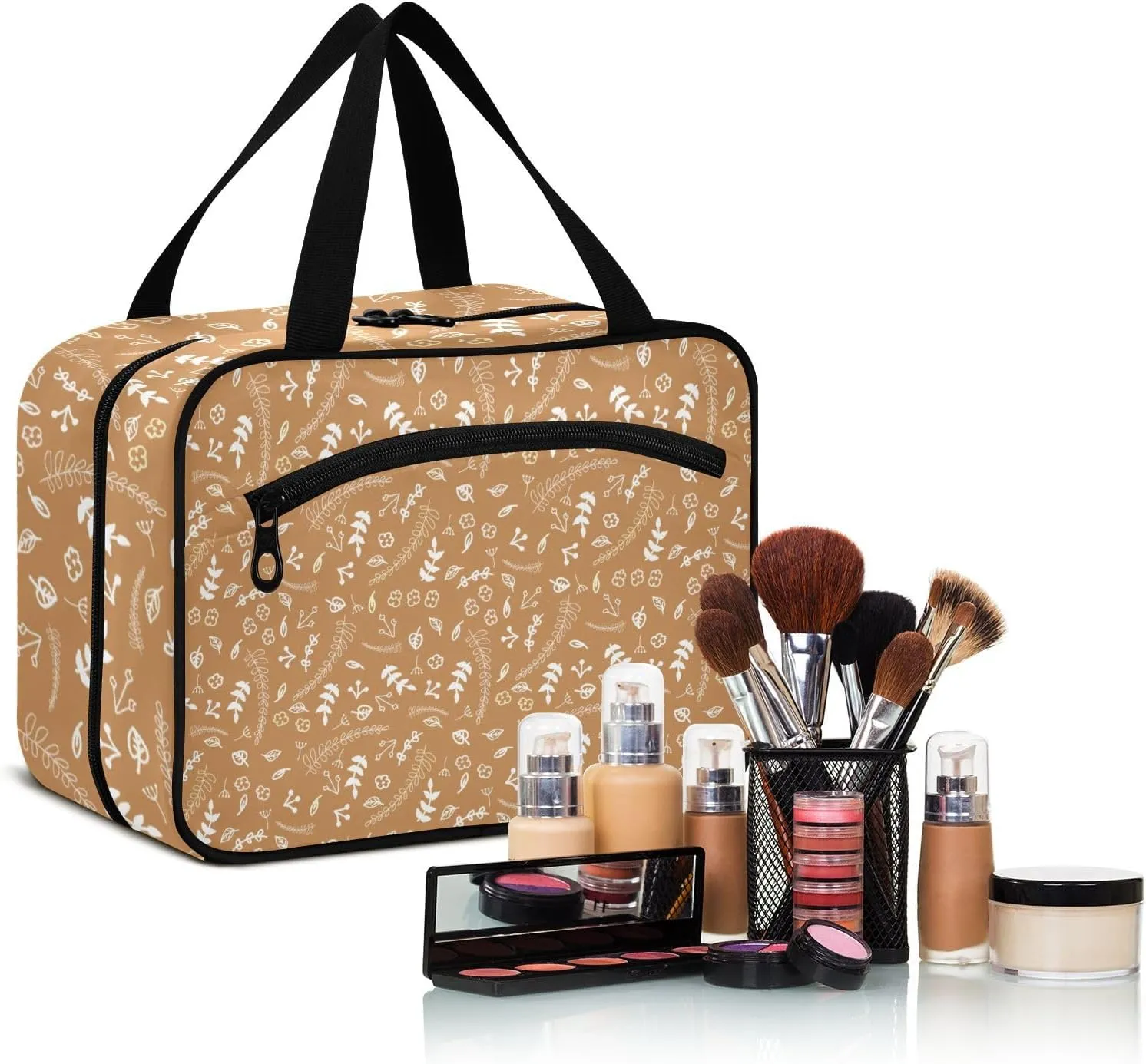 Travel Toiletry Bag Hanging Cosmetic Bag Compact Toiletry Bag with Large Capacity for Women Medium Brown Plants