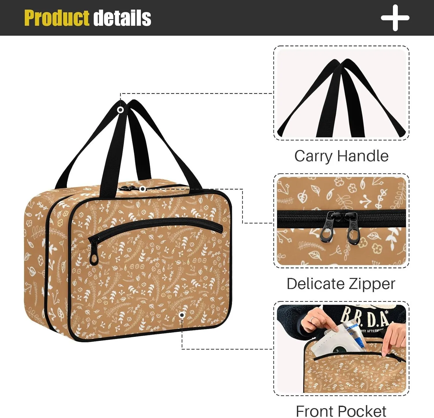 Travel Toiletry Bag Hanging Cosmetic Bag Compact Toiletry Bag with Large Capacity for Women Medium Brown Plants