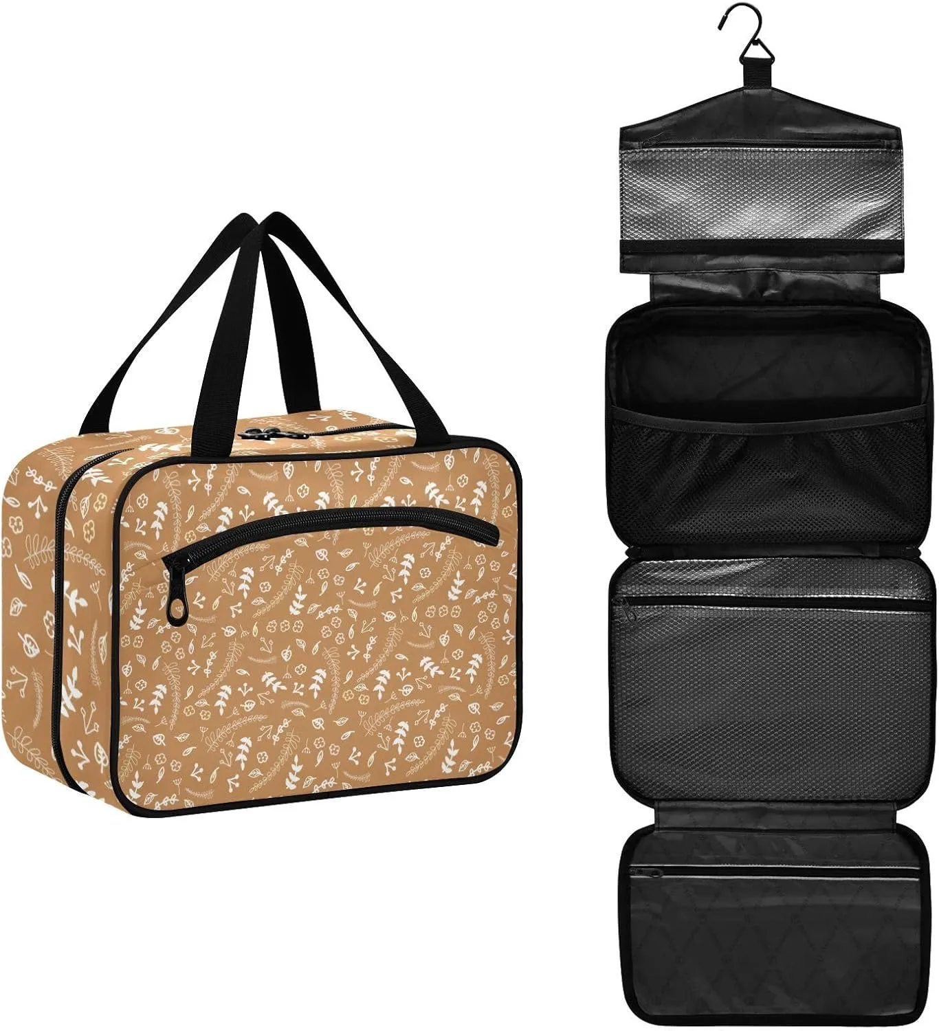 Travel Toiletry Bag Hanging Cosmetic Bag Compact Toiletry Bag with Large Capacity for Women Medium Brown Plants