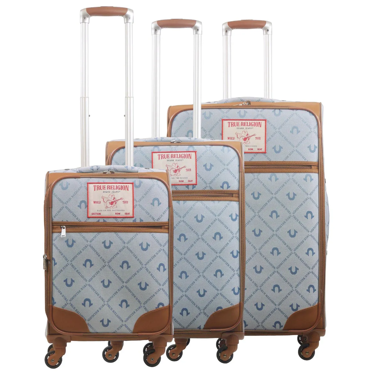 True Religion Light Blue 3-Piece Soft Sided Monogram Spinner Luggage Set