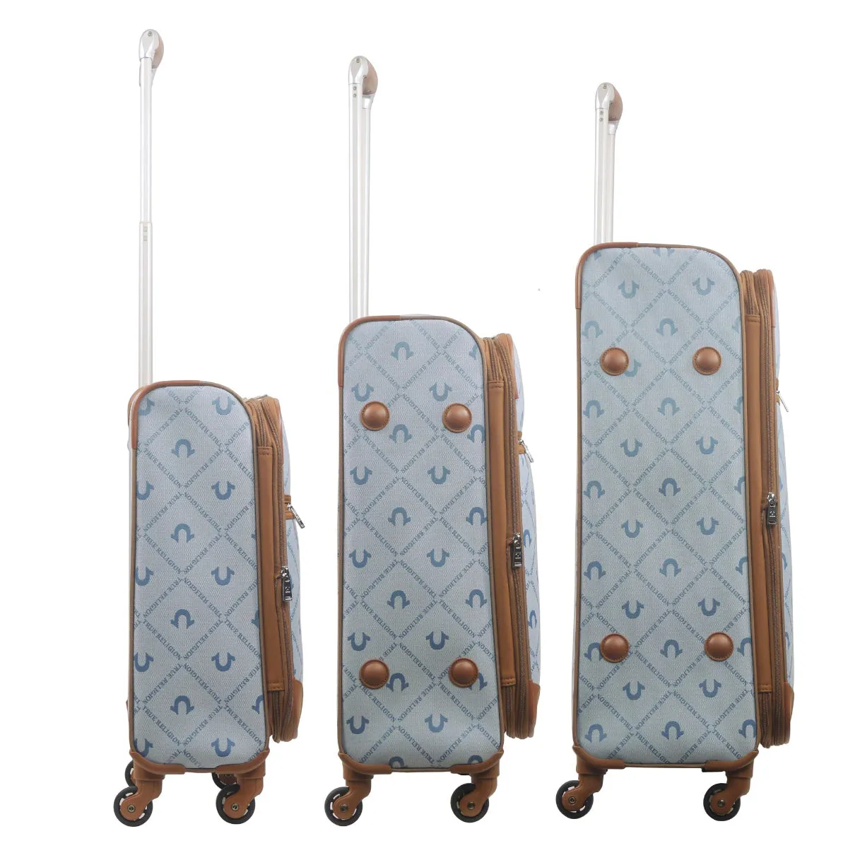 True Religion Light Blue 3-Piece Soft Sided Monogram Spinner Luggage Set