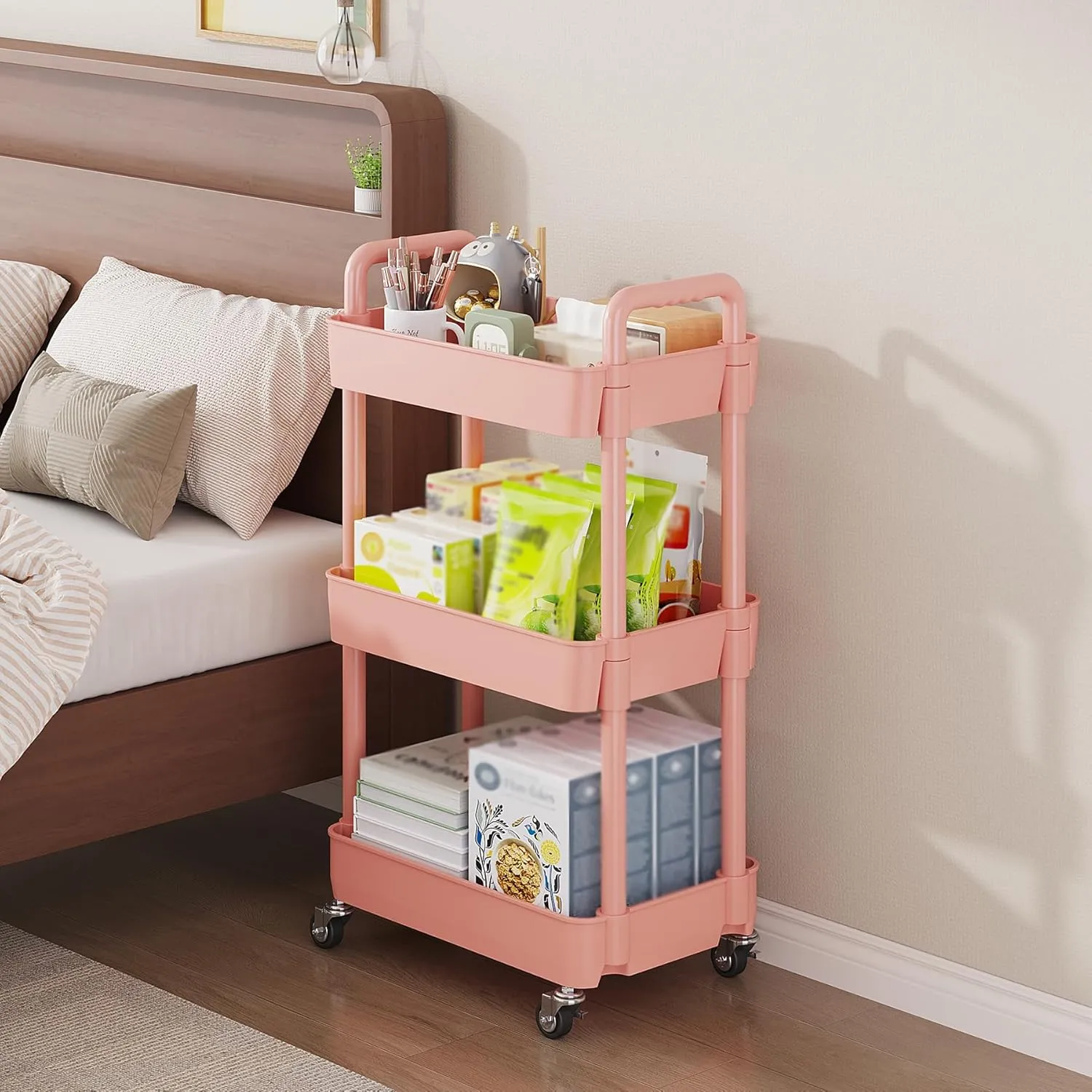 UDEAR 3-Tier Rolling Utility Cart with 12 Category Labels,Multifunctional Storage Shelves with Handle and Lockable Wheels for Room,Office,Kitchen,Bathroom,Pink