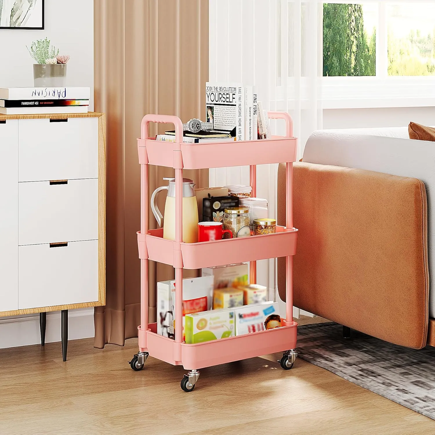 UDEAR 3-Tier Rolling Utility Cart with 12 Category Labels,Multifunctional Storage Shelves with Handle and Lockable Wheels for Room,Office,Kitchen,Bathroom,Pink