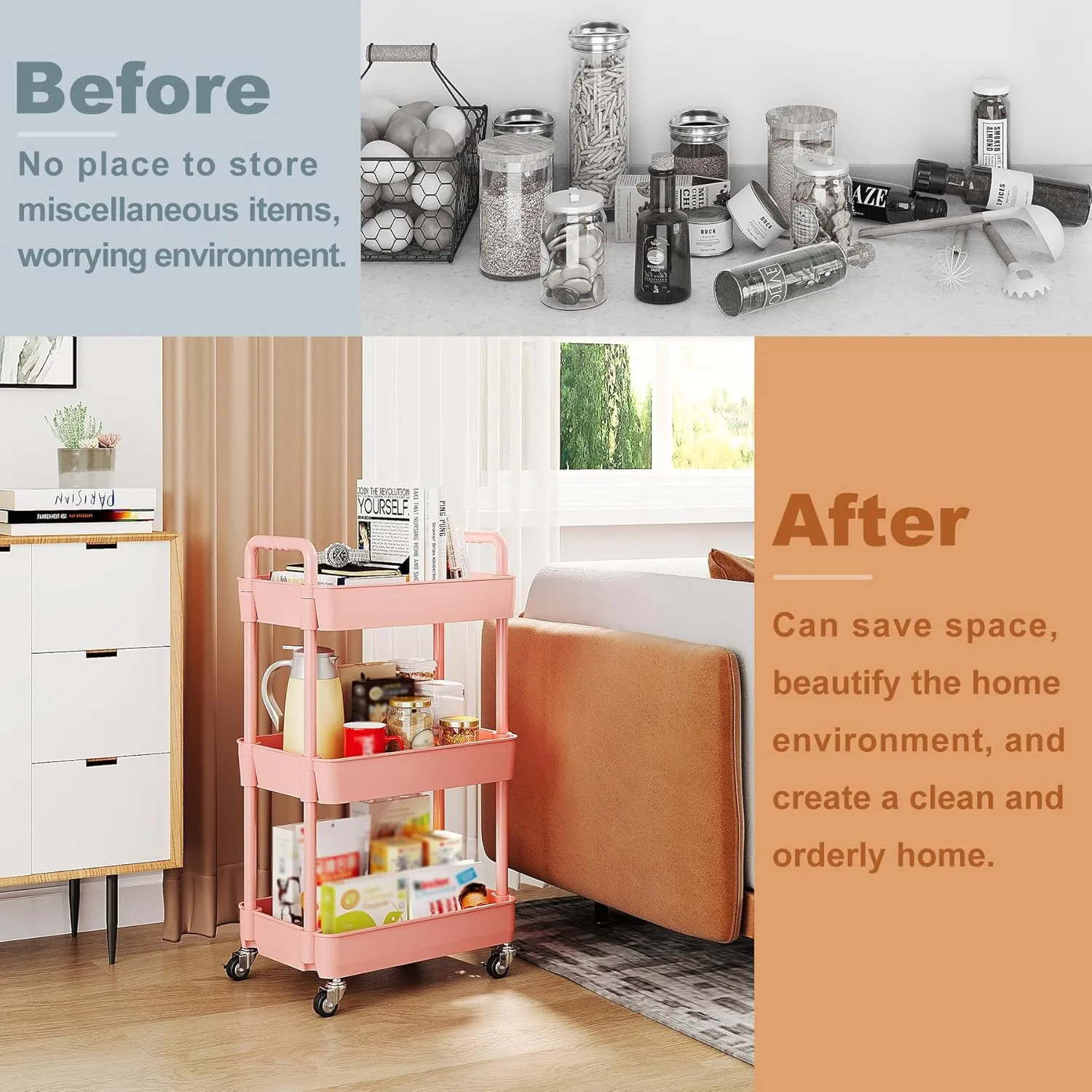 UDEAR 3-Tier Rolling Utility Cart with 12 Category Labels,Multifunctional Storage Shelves with Handle and Lockable Wheels for Room,Office,Kitchen,Bathroom,Pink