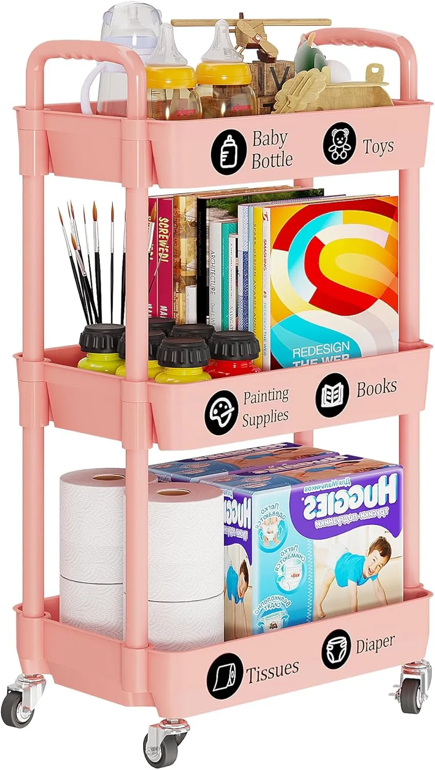 UDEAR 3-Tier Rolling Utility Cart with 12 Category Labels,Multifunctional Storage Shelves with Handle and Lockable Wheels for Room,Office,Kitchen,Bathroom,Pink