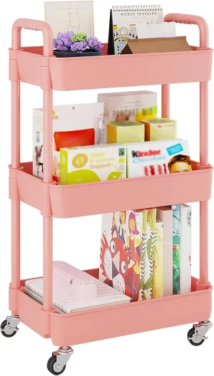 UDEAR 3-Tier Rolling Utility Cart with 12 Category Labels,Multifunctional Storage Shelves with Handle and Lockable Wheels for Room,Office,Kitchen,Bathroom,Pink