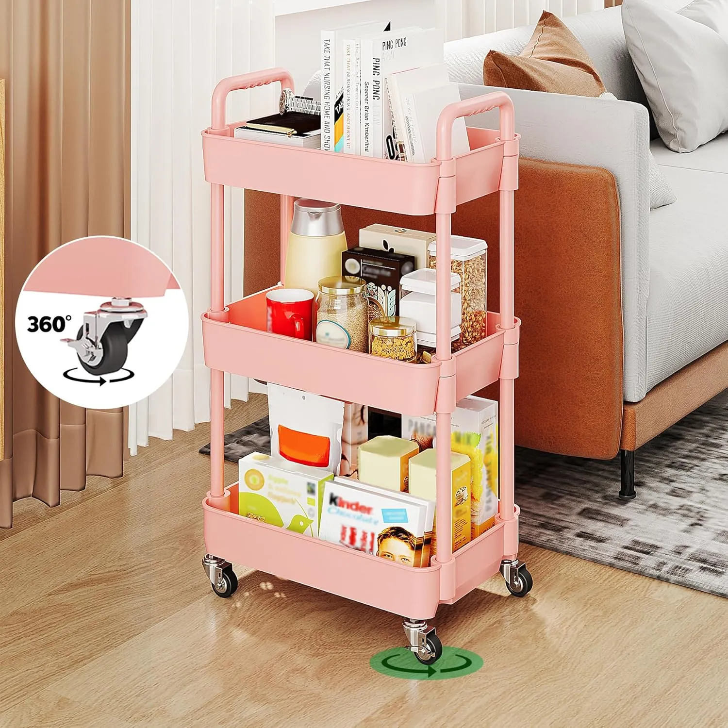 UDEAR 3-Tier Rolling Utility Cart with 12 Category Labels,Multifunctional Storage Shelves with Handle and Lockable Wheels for Room,Office,Kitchen,Bathroom,Pink