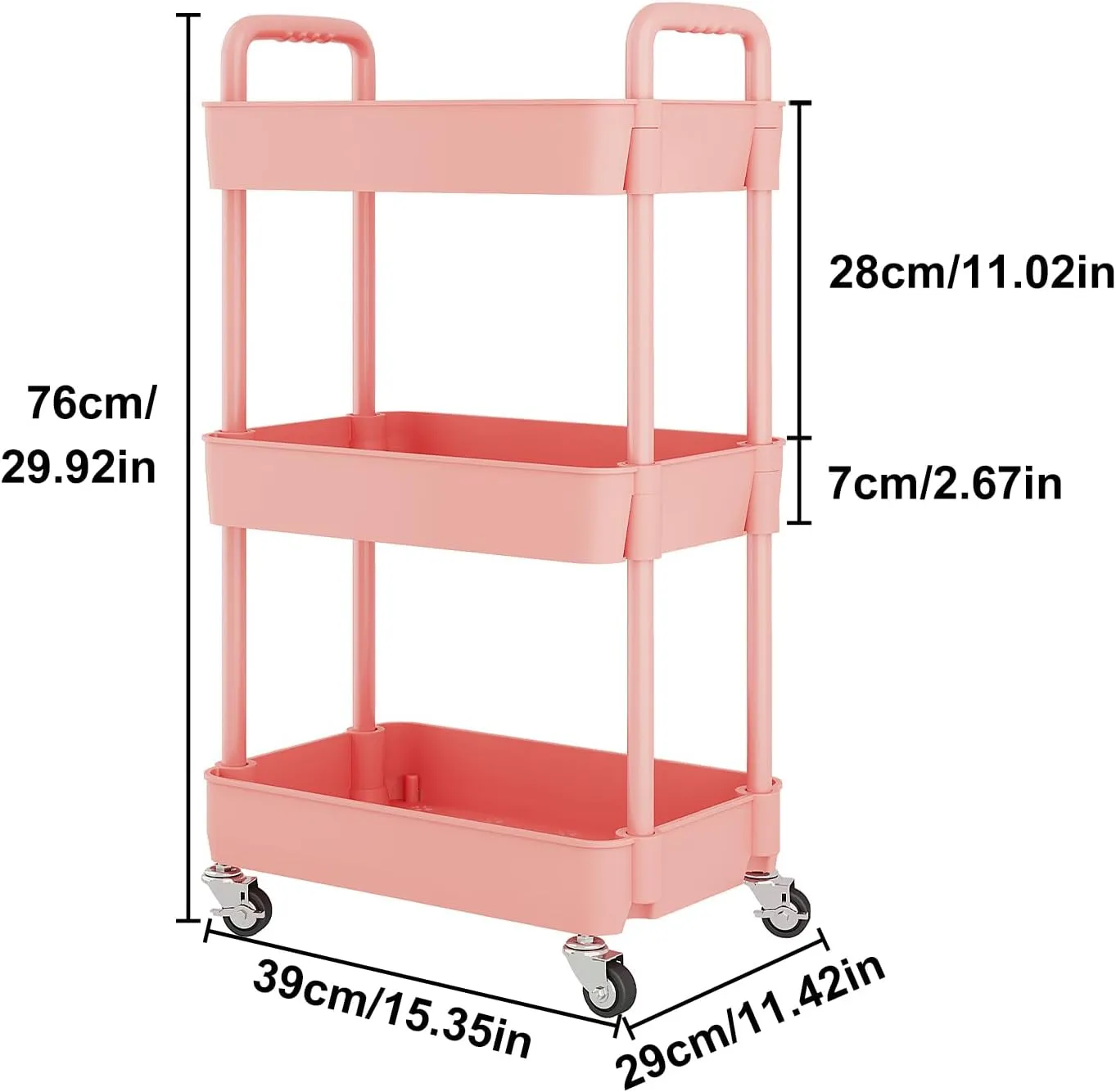UDEAR 3-Tier Rolling Utility Cart with 12 Category Labels,Multifunctional Storage Shelves with Handle and Lockable Wheels for Room,Office,Kitchen,Bathroom,Pink