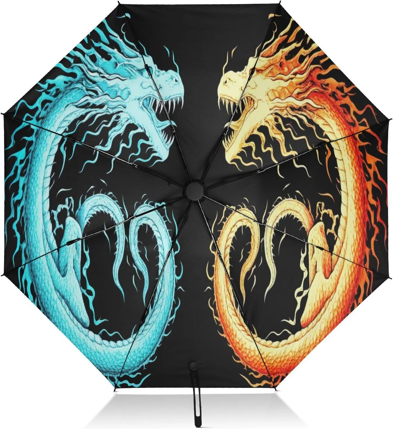 Umbrellas for Rain, Umbrella Small Compact Windproof, Ideal for Car, Purse, Men and Women, Teal Orange Dragons Black